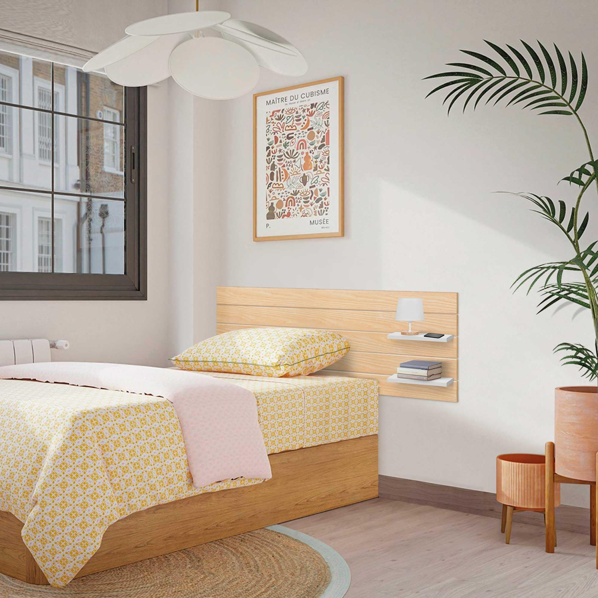 DHOME Cabecero con Estantes de Madera reciclada DM Colgante Pared Estilo Palet Horizontal Cama Vintage Nordico Herrajes incluidos (Madera Natural/Blanco, 135cm)