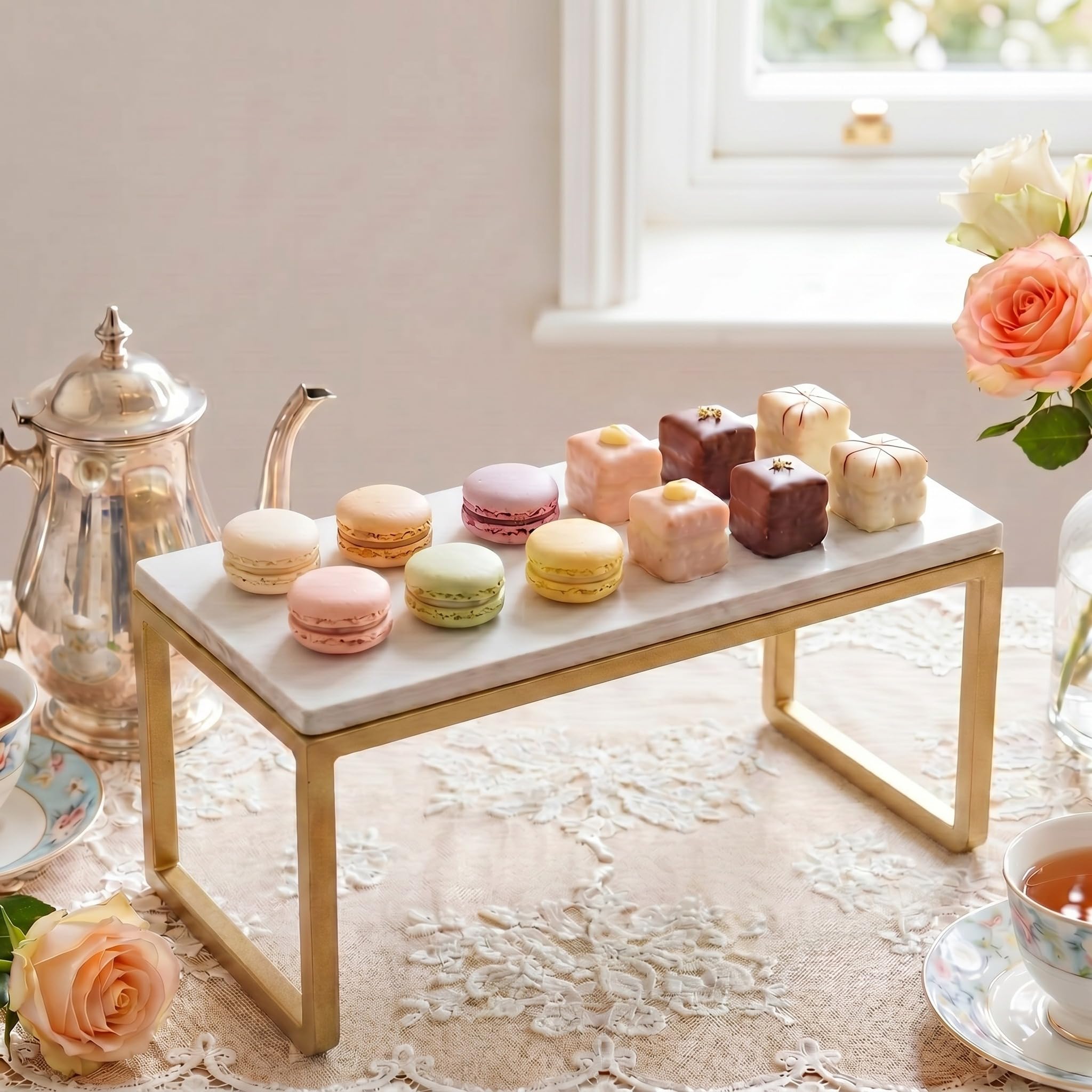 Photo 1 of Yungyan Marble Cake Stand - White Marble, Gold Frame