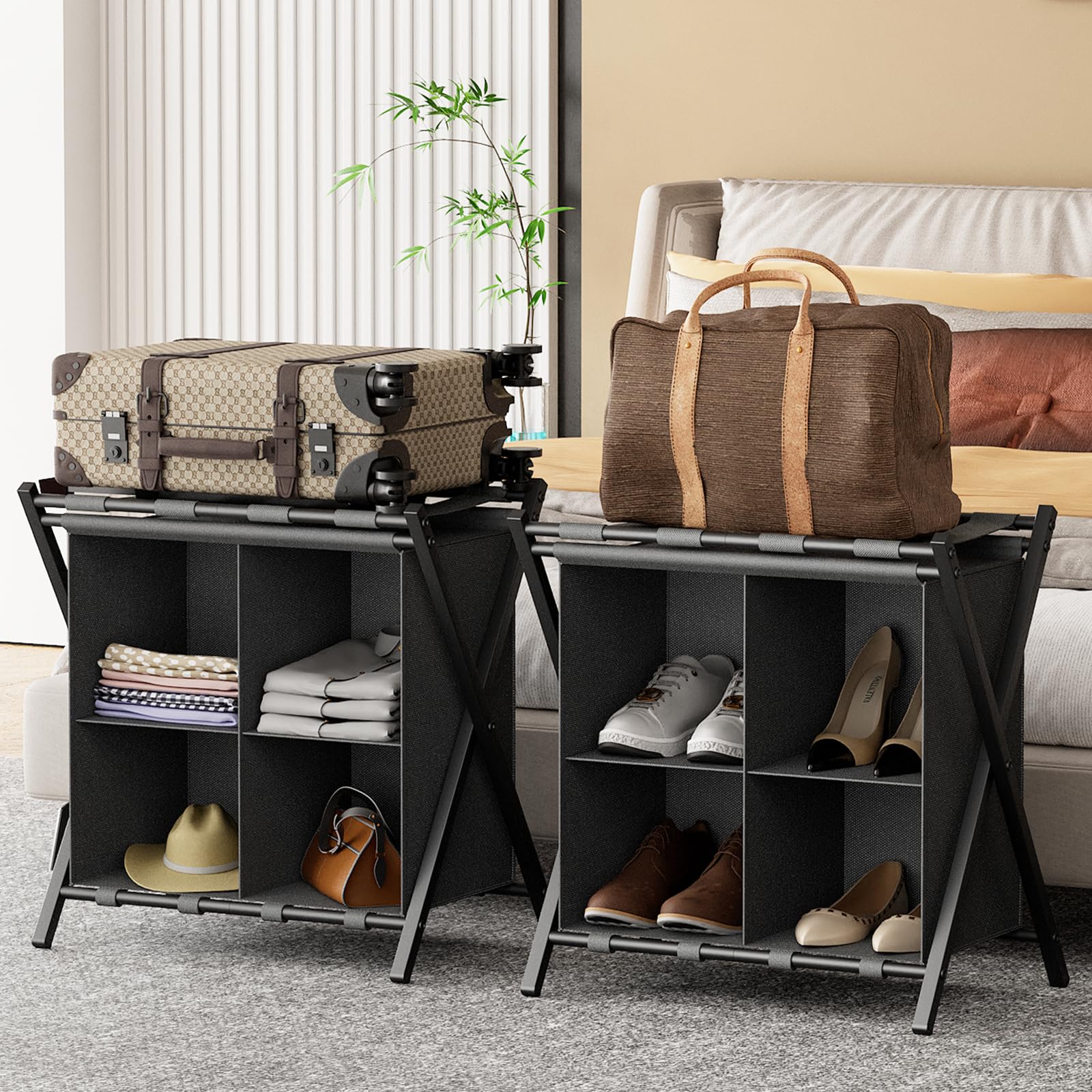 Luggage Rack for Guest Room, Set of 2, Folding Suitcase Stand with Fabric Storage Shelf, Luggage Holder, Steel Foldable Luggage Stand for Guest Room, Bedroom, Hotel, Black
