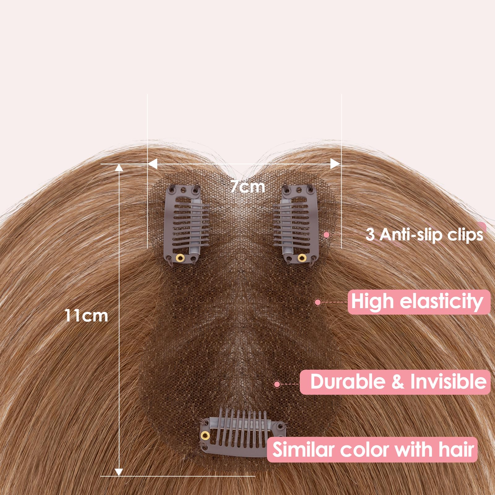 S-noilite Hair Toppers for Women Human Hair with Side Bangs - 7x11cm Hand-stitched Base 360° 3D Coverage Natural 14g (Light Brown #6) - Image 4