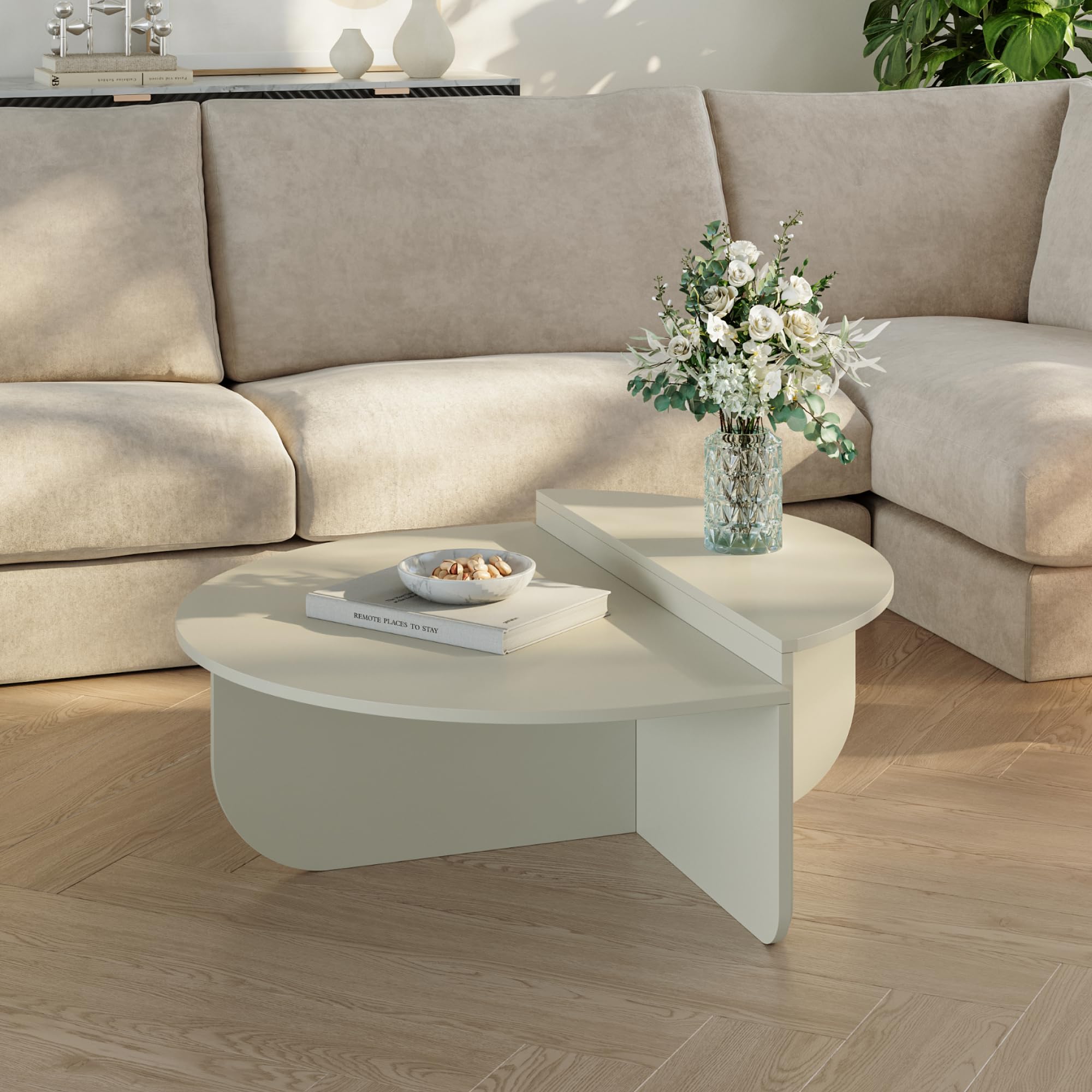 [en.casa] Tavolino da Caffé con 2 Piani Semicircolari di Diverse Misure e Altezze Tavolo Basso Centrale da Salotto per Soggiorno Sala 90 x 90 x 35 cm - Color Sabbia