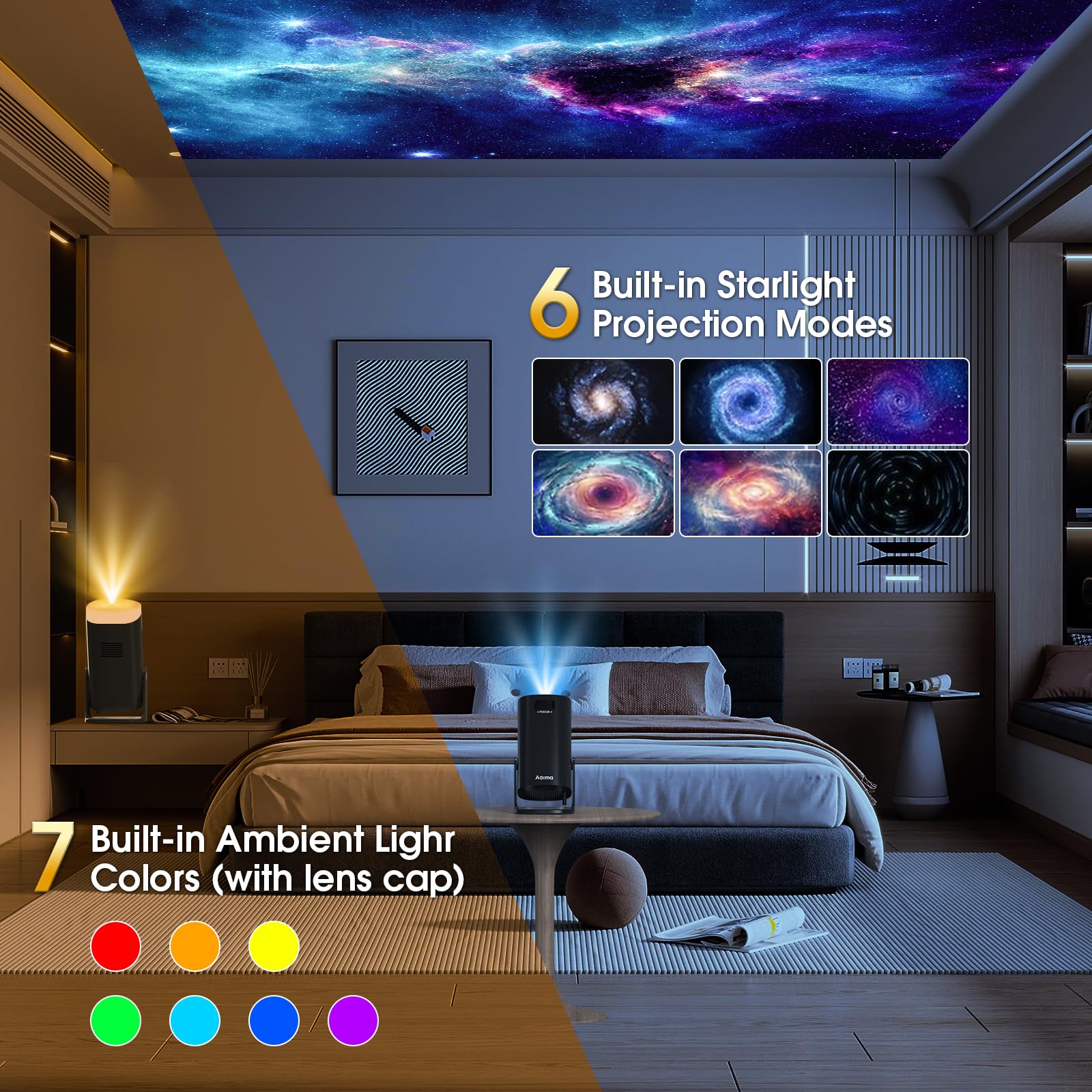 [Apps integrate & Modalità Stella] Mini Proiettore Support 4K 1080P con Modalità Stella Proiettore con Apps e Android TV OS Auto Keystone WiFi 6 BT5.2, Compatible con TV Stick/USB/HDMI,Nero