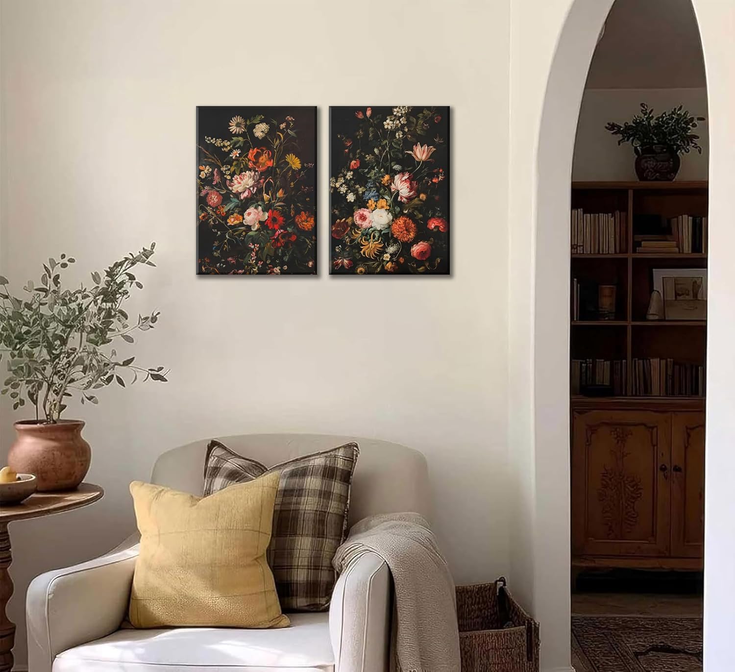 2Pcs Moody Flowers Canvas Wall Art Painting Dark Floral Poster Print Vintage Plant Picture Farmhouse Plant Wall Decor for Bedroom Living Room 12x24in Framed - Image 6