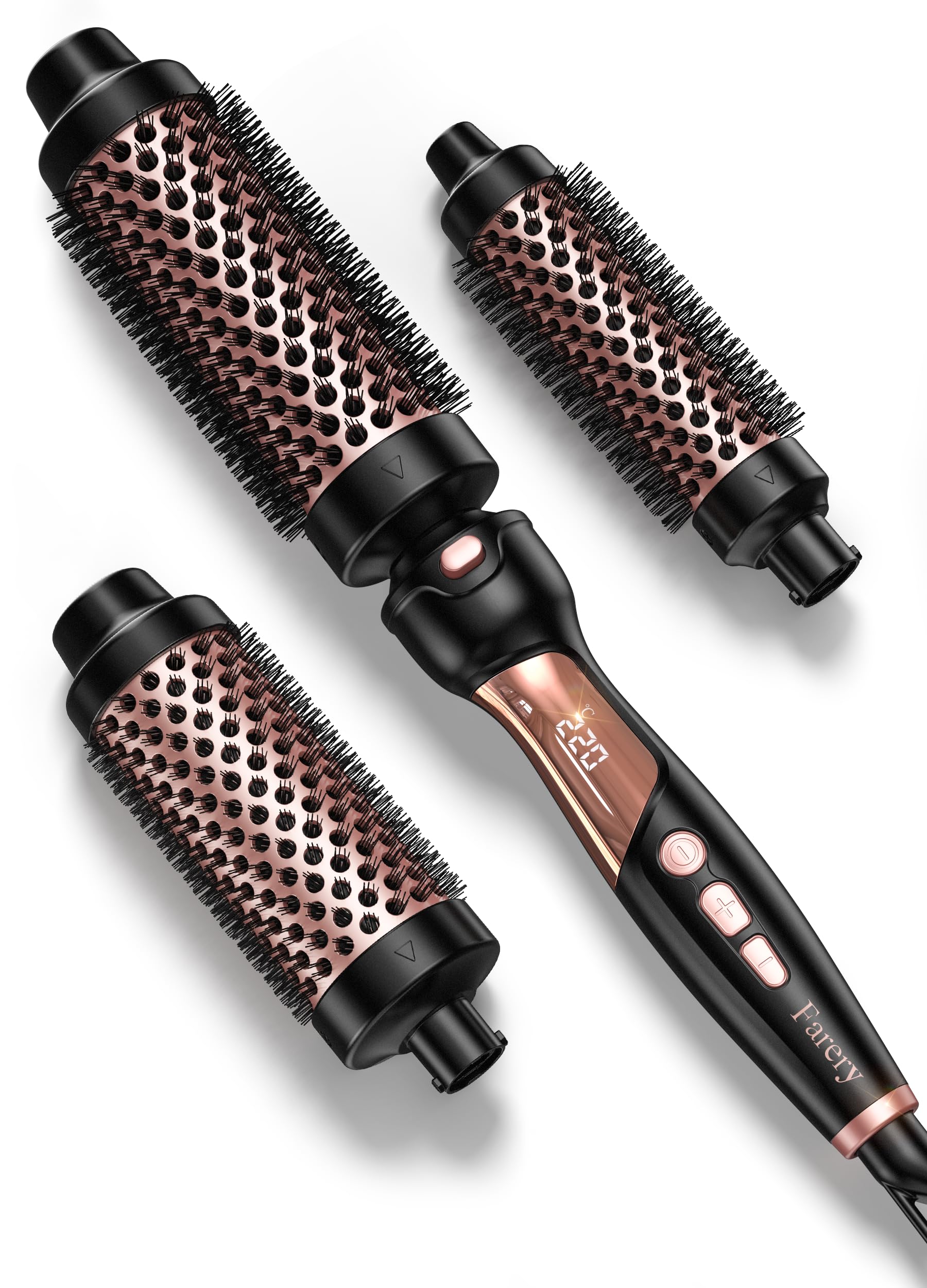 Farery Rizador de pelo térmico de 9 temperaturas Cepillos calientes para cabello medio a grueso y grueso, cepillo de cerámica de calentamiento rápido, cabezales de cepillo intercambiables, con doble