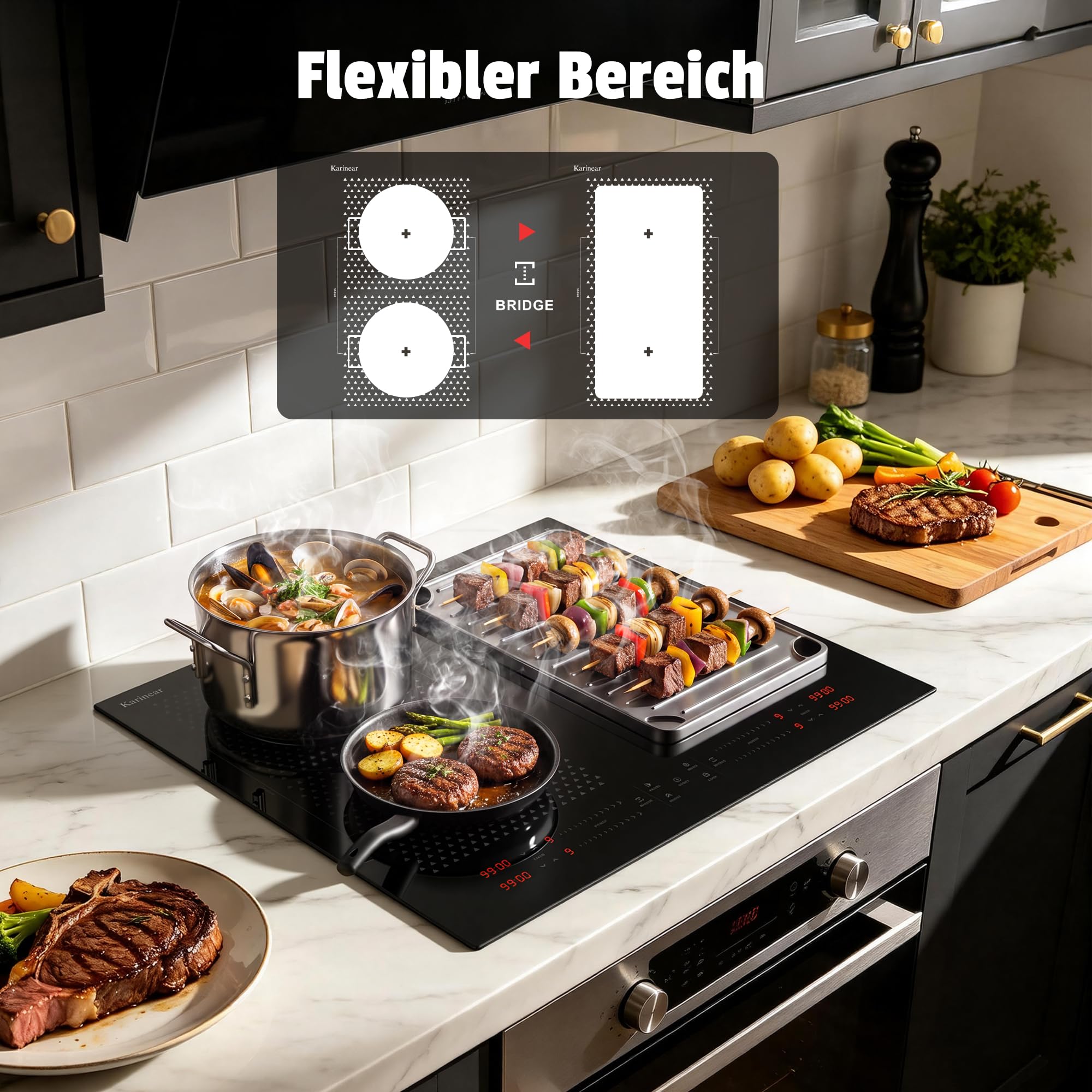 Karinear Induktionskochfeld 60 cm, 7200W Autark 4 Platten Flex Zone Boost | Einbau ohne Stecker, Touch Slider, Timer, Pause, Sicherheitsverriegelung und 9 Leistungsstufen für flexible Küche