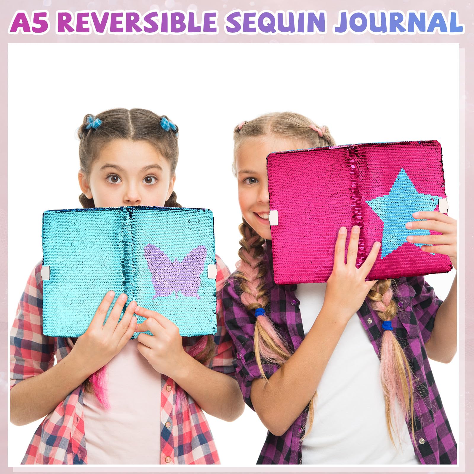 Tenceur 4 quaderni con paillettes con serratura e chiave, diario reversibile con paillettes per ragazze, diario di viaggio a righe, diario segreto, per adolescenti, regalo di compleanno, Halloween,