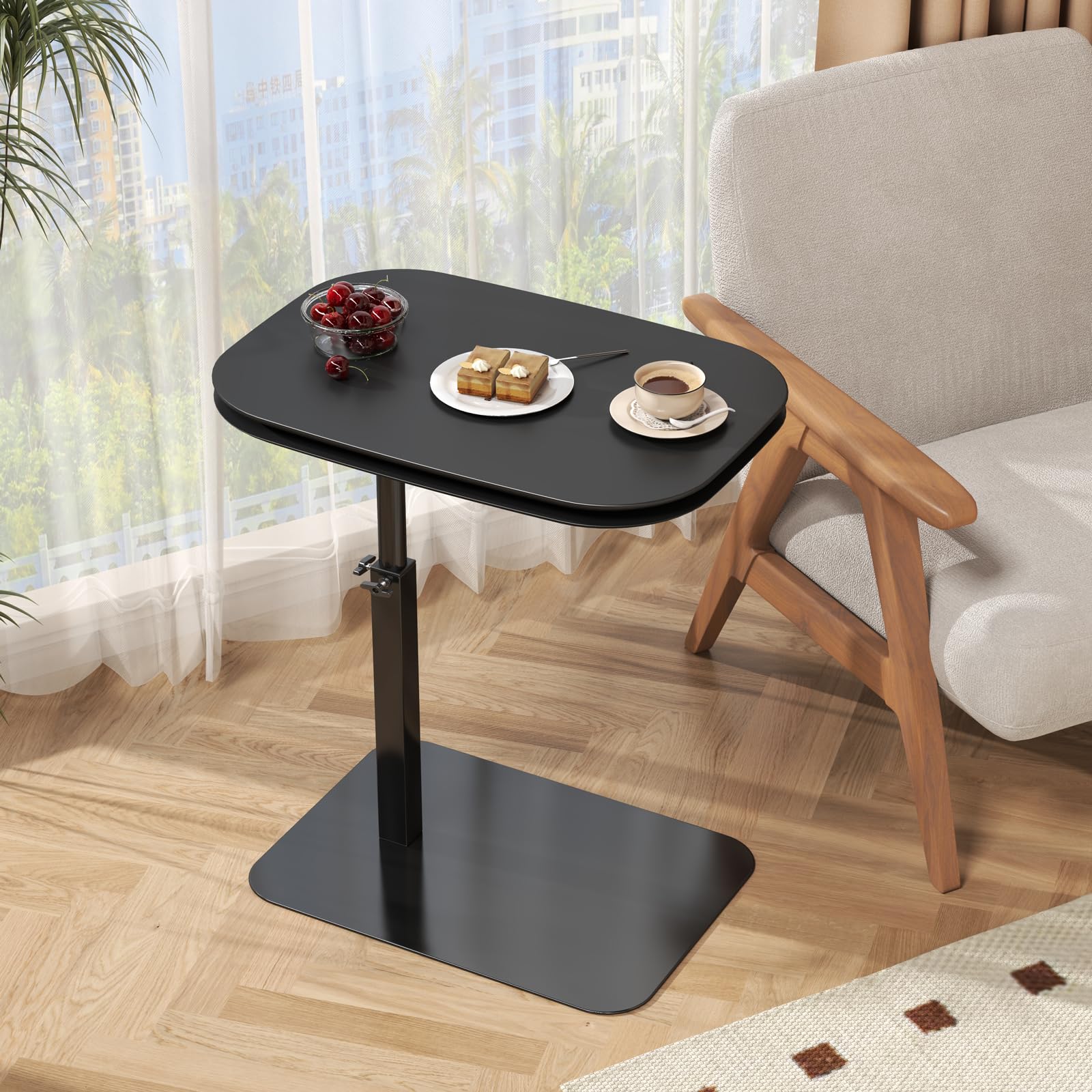 Table d'appoint en forme de C hauteur reglable, table canapé pivotante à 360°, Deux planches de table, ordinateur portable stand pour canapé/lit, Petite café C tables pour Salon/Chambre (Black)