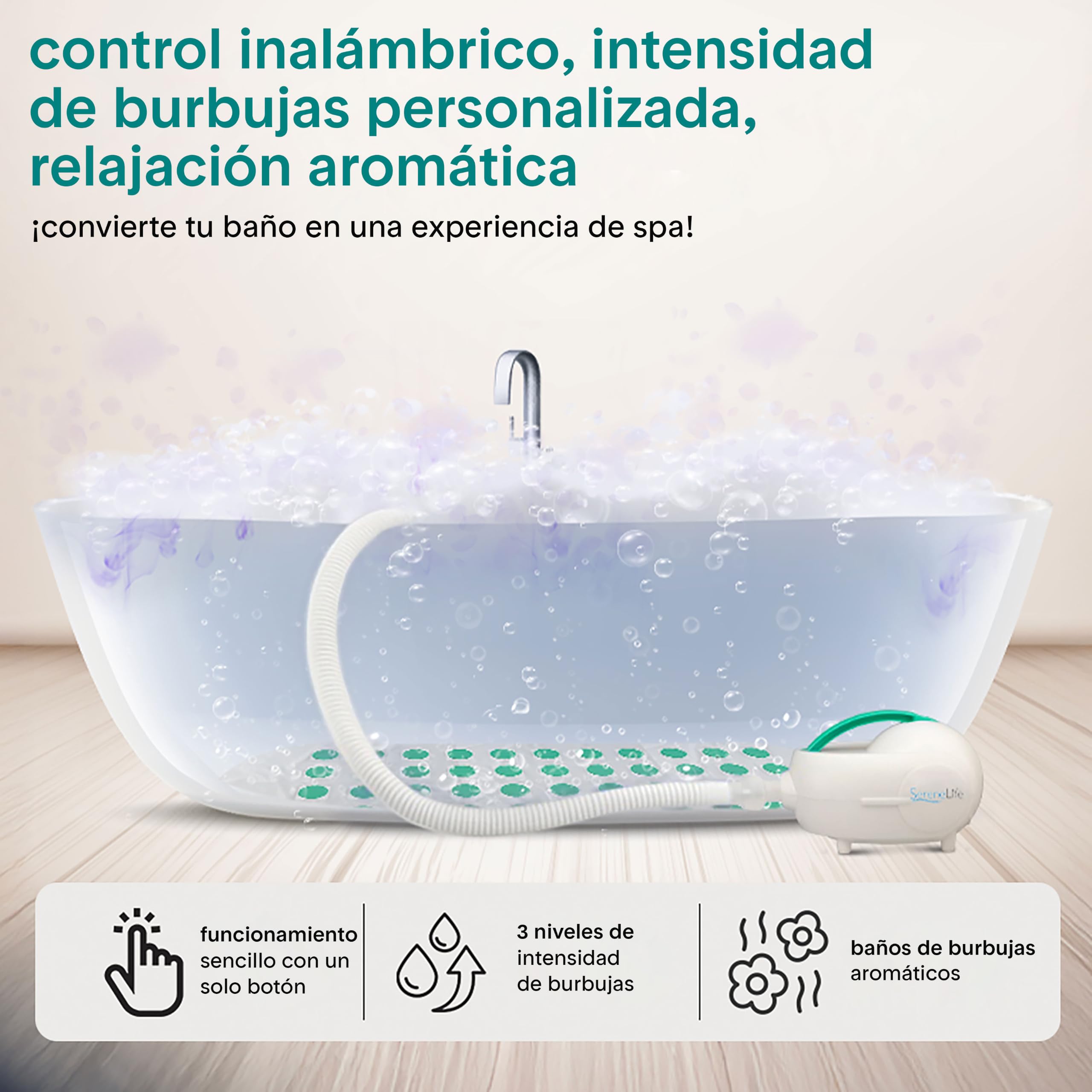 SereneLife Manta de Hidromasaje para Bañera con Burbujas, SPA Portatil con Luz LED Impermeable, Almohada, Intensidad Ajustable, Mando a Distancia, Relajante