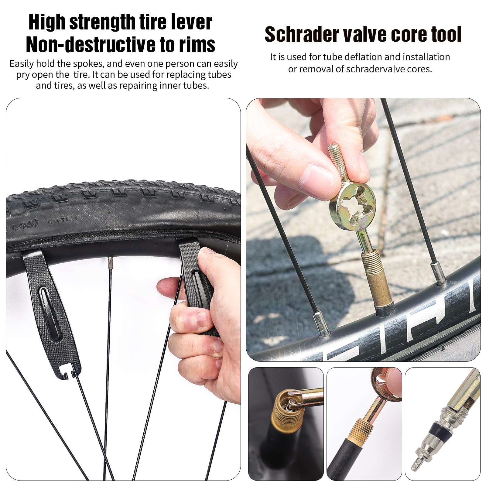 El kit de reparación de parches interiores para neumáticos de bicicleta incluye solución de goma/líquido de vulcanización, parches de neumáticos de bicicleta, raspado de metal, llave de núcleo de