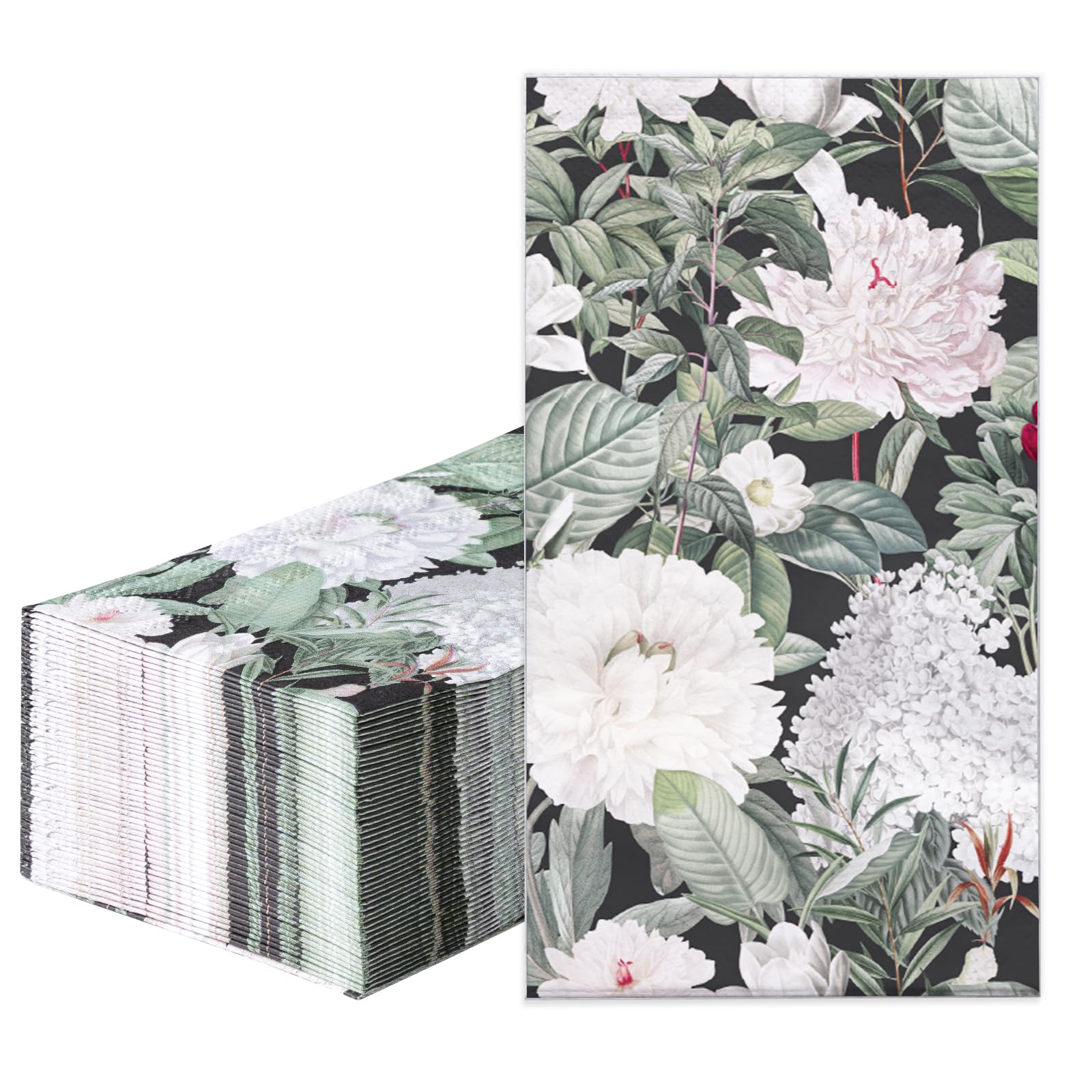 RUSPEPA 50 Pack White Flower on Black Backgroud Guest Napkins - 3 Ply Disposable Seasonal Paper Napkin Dinner Hand Napkins Decorative for Home Kitchen, Bathroom，Party - 13 x 15 Inches