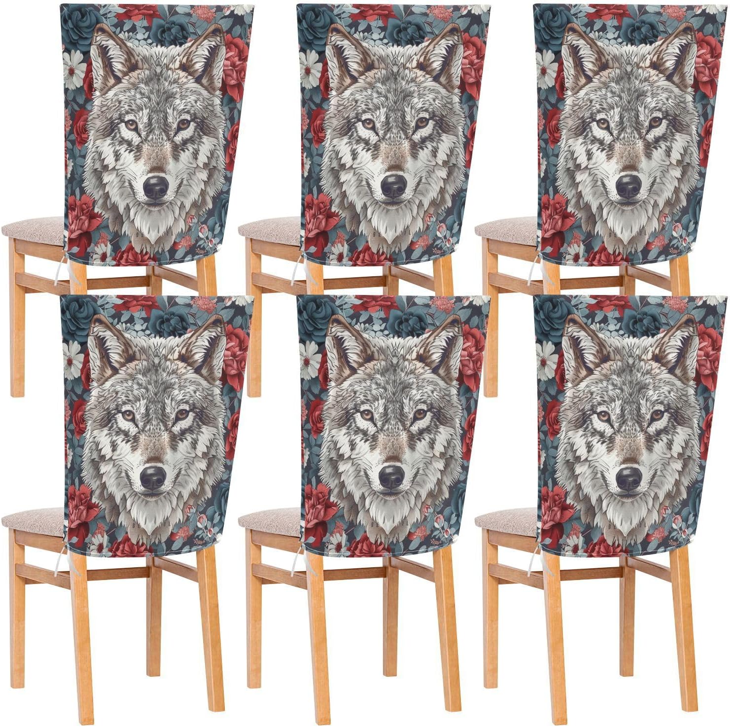 ALAZA Wolf and Floral Chair Back Cover Set of 6, Washable Reusable Removable Chair Slipcovers Decorative Chair Cover for Home Kitchen Wedding Party