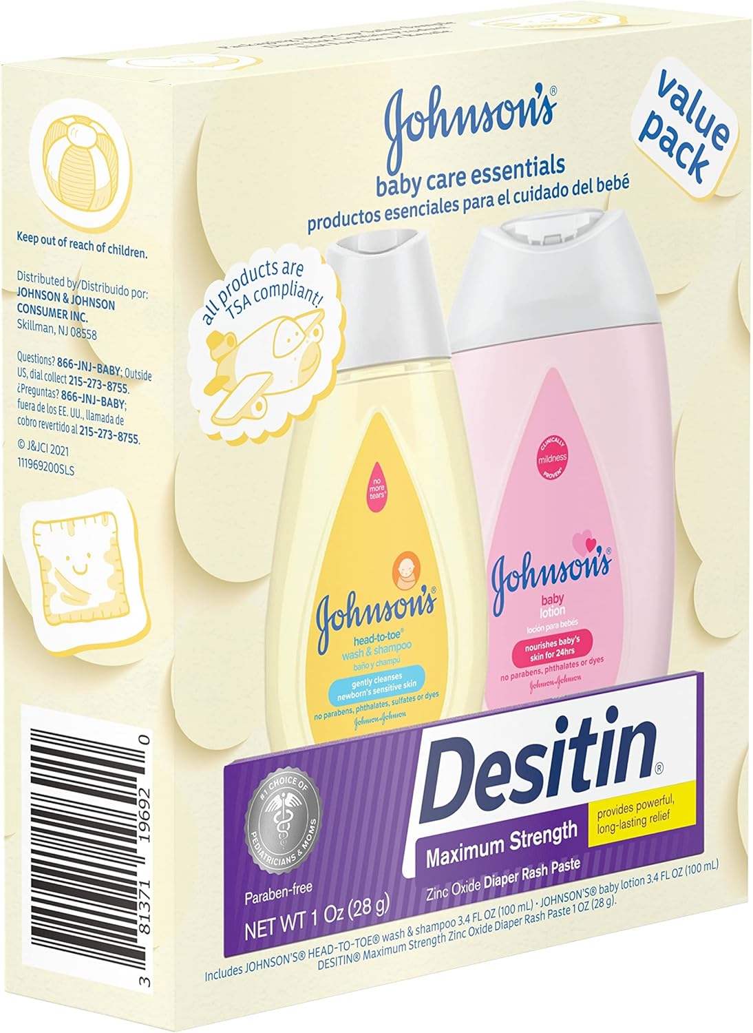 Johnson's Baby Care Essentials Gift Set, Baby Skincare Set with Body Wash & Shampoo, Body Lotion, & Zinc Oxide Diaper Rash Paste for Baby's Delicate Skin, Value Pack, Travel-Size, 3 Items : Health & Household