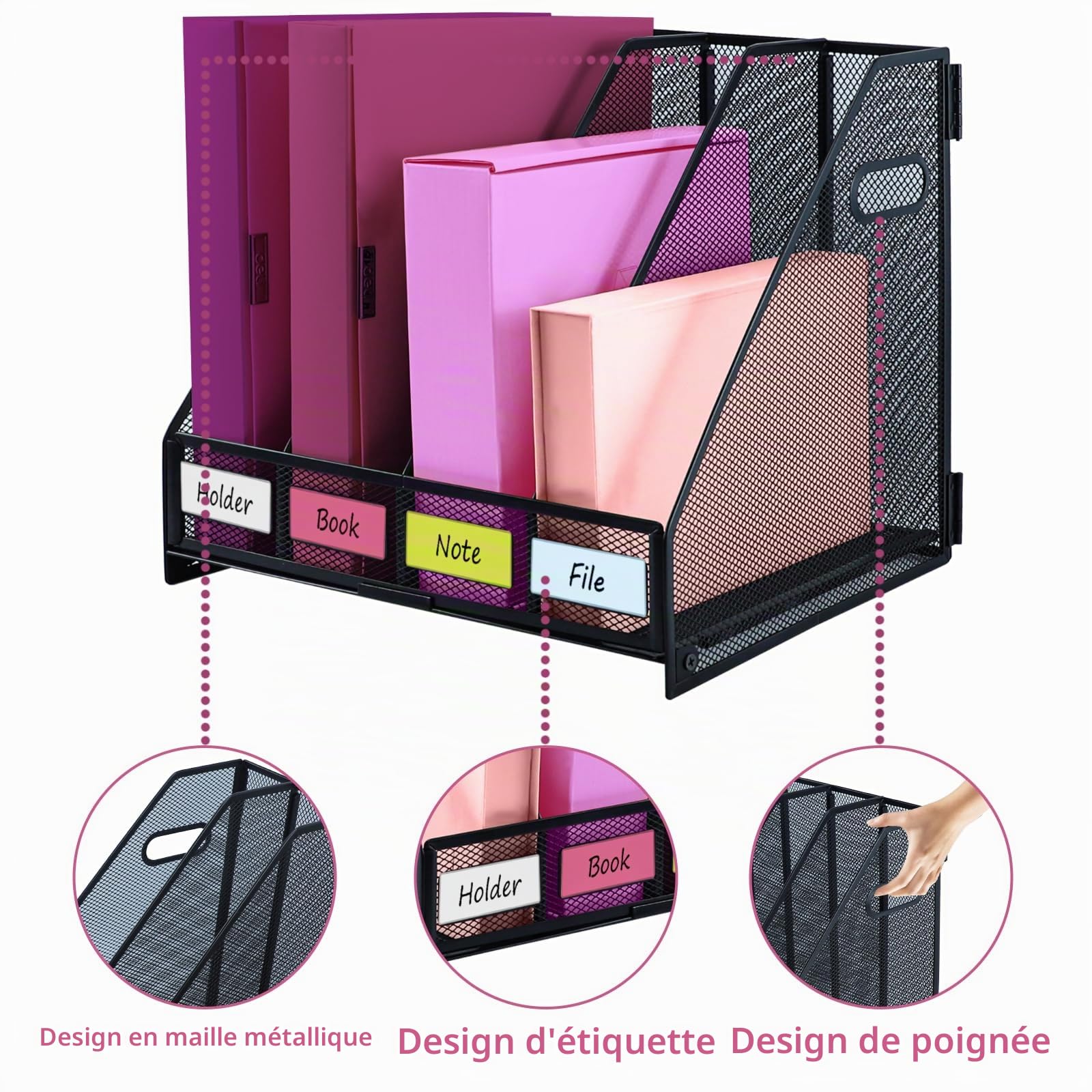 Porte-revues pliable en Métal robuste - Vertical Corbeilles à Courrier A4 Banette de Rangement, Classeur sur pied peu encombrant avec 4 compartiments pour le bureau et la maison, Noir