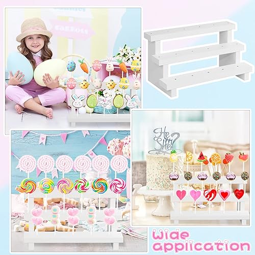 Miniatura 3 de 2 soportes de madera para tartas, soporte para paletas blancas de 3 niveles con lazos giratorios, palitos de piruleta, 17 agujeros para mesa