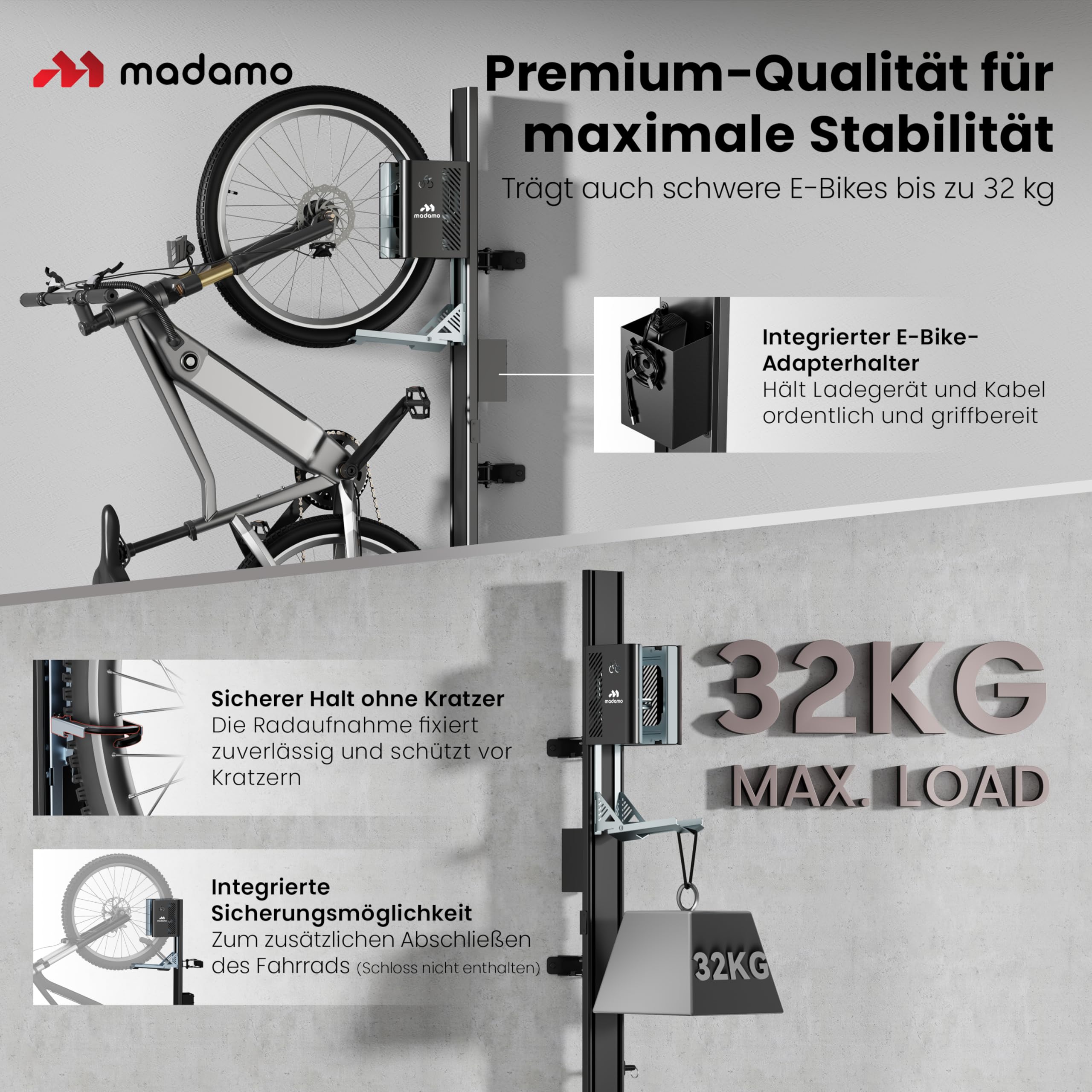 MADAMO Fahrradlift schwenkbar - Fahrrad Wandhalterung vertikal bis 32kg - Fahrradaufhängung Wand - Bike Wall Mount für Garagen Ordnung - Für alle Fahrradtypen inkl E-Bike, MTB & Rennrad - Schwarz/Rot