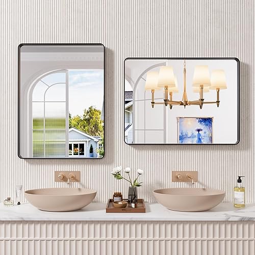 Miniatura 316 de Espejo de baño dorado, 48 x 30 pulgadas, espejo de marco de metal dorado cepillado para pared, espejo rectangular redondeado de tocador de baño