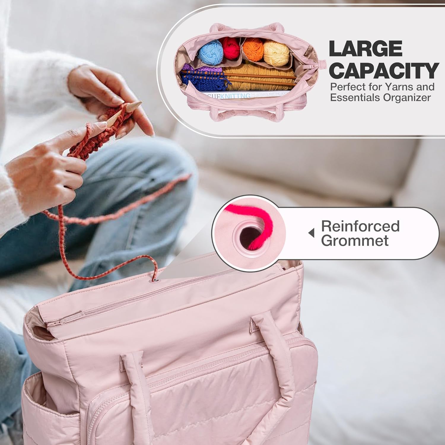 Teamoy Knitting Bag Tote, Puffer Yarn Bag, Crochet Bag Organizer for Yarn Storage, Yarn Holder for Crocheting, Pink