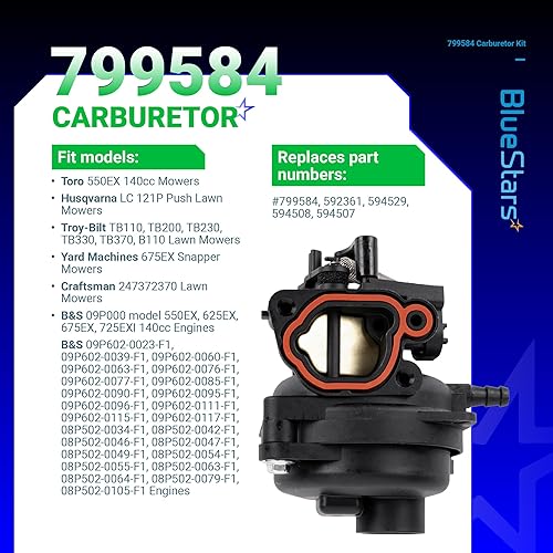 Miniatura 5 de BlueStars 799584 592361 Carburador - Compatible con motores 550EX 625EX 675EX 725EXI 140cc Husqvarna LC121P Troy-Bilt TB110 TB200 B110 - Reemplaza