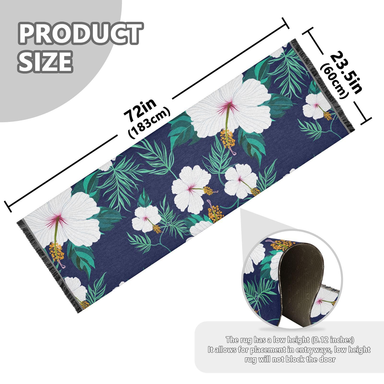 Hibiscus Tropical Blue Leaves Runner Rug for Hallways Kitchen Rugs Washable Rug for Entryway Bathroom Living Room
