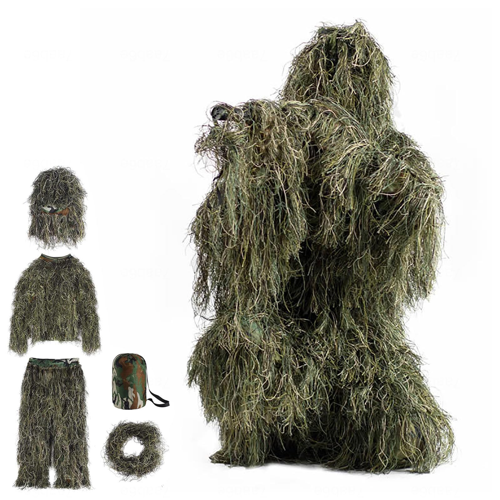 HAZARA 5-Teilige 3D Ghillie Suit Camouflage Jagdbekleidung Ghillie Suit Einschließlich Jacke,Hose,Kapuze,Tragetasche Airsoft Kleidung Set für CS Dschungeljagd Tierfotografie,ForestGreen-Kids