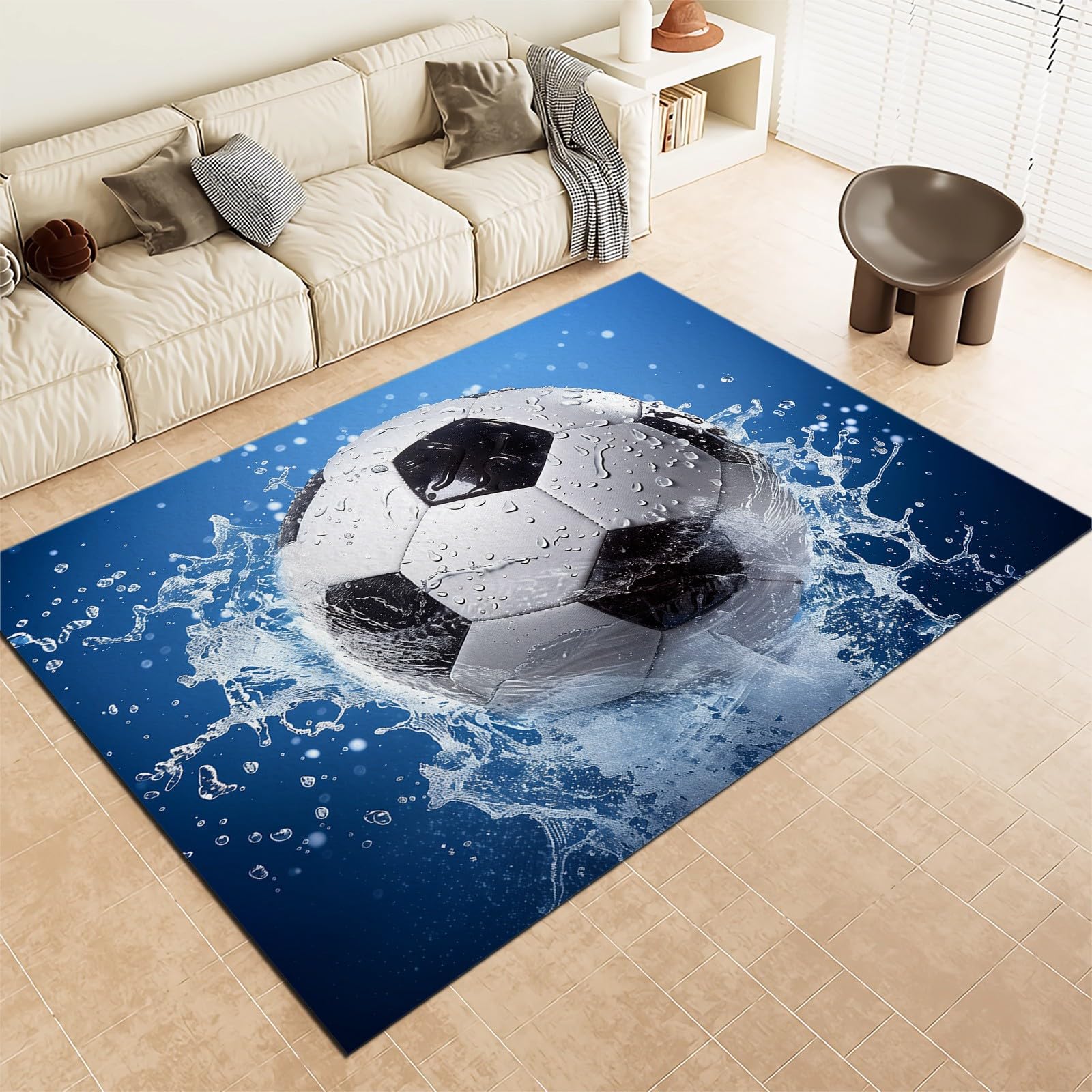 Niebieski dywan piłka nożna gra sportowa dywan do salonu, duży, 120 x 170 cm, dekoracja domu, flanela, dywany, sypialnia, stolik kawowy, mata przy łóżku, duży dywan, antypoślizgowy, zmywalny