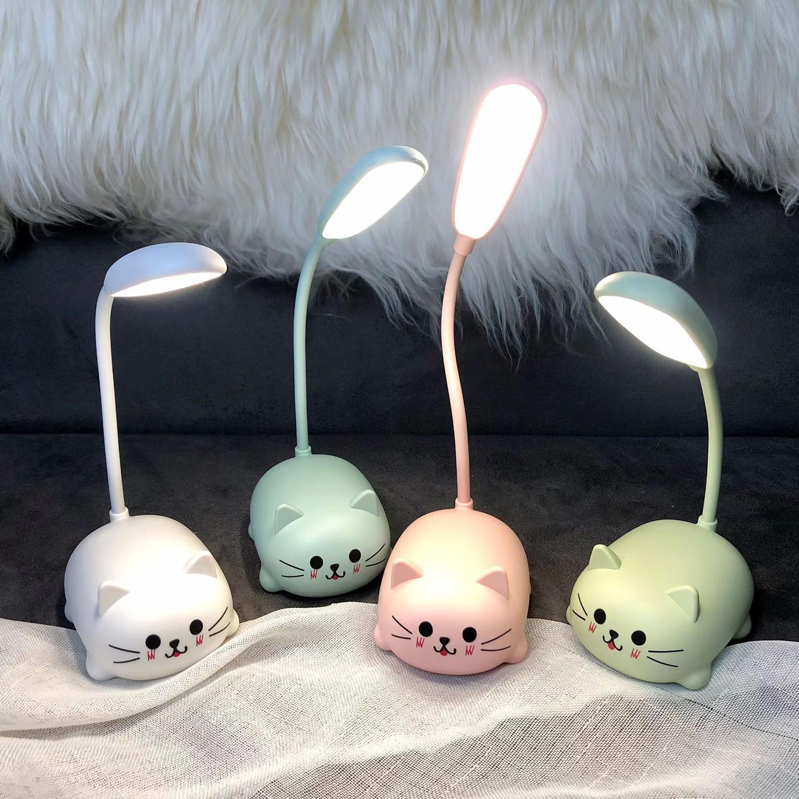 Neioaas Lámpara de escritorio LED para niños, bonita lámpara de gato recargable por USB, luz de mesa LED portátil, cuello de cisne flexible, dibujos animados, pequeña lámpara de escritorio para niñas