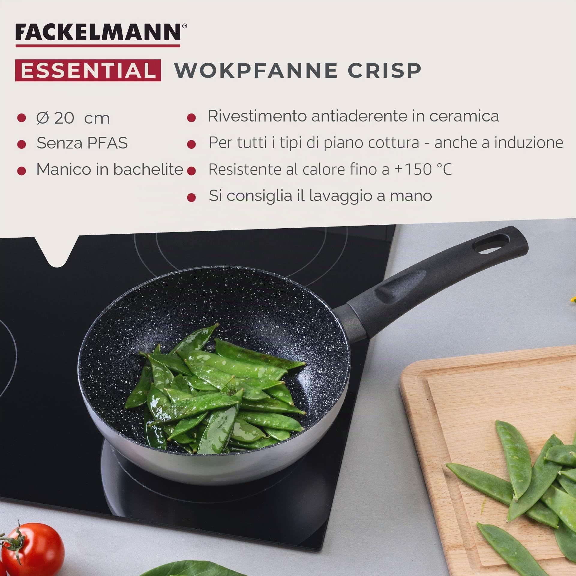 FACKELMANN Padella per wok Essential Crisp, Ø 20 cm, in alluminio riciclato con rivestimento antiaderente in ceramica, perfetta per pasta, verdure e riso