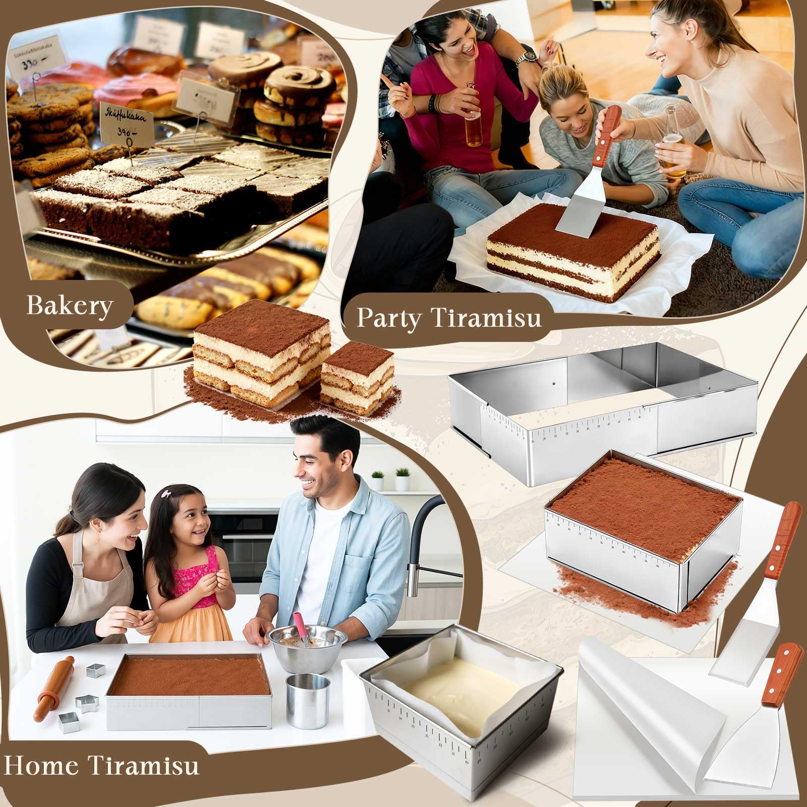 Blushtier Juego de 13 moldes de tiramisú extensibles rectangulares para tartas, moldes ajustables de acero inoxidable para mousse de 45,7 x 33,0 x 10,2 cm con raspador de pergamino para hornear