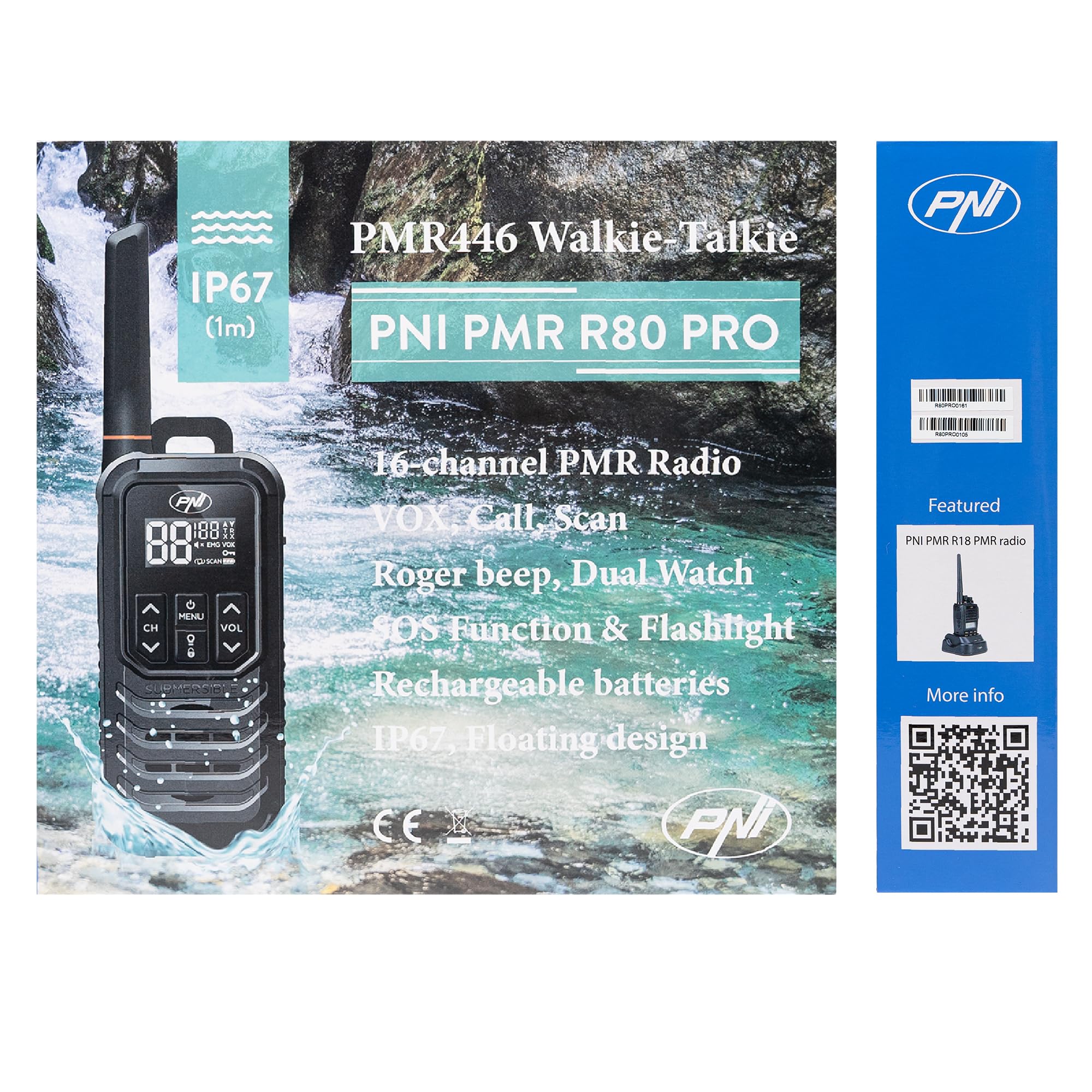 Stazione radio portatile PNI PMR R80 PRO, set di 2 pezzi, 0,5 W, impermeabile IP67, con torcia a LED, pulsante SOS, VOX, USB-C