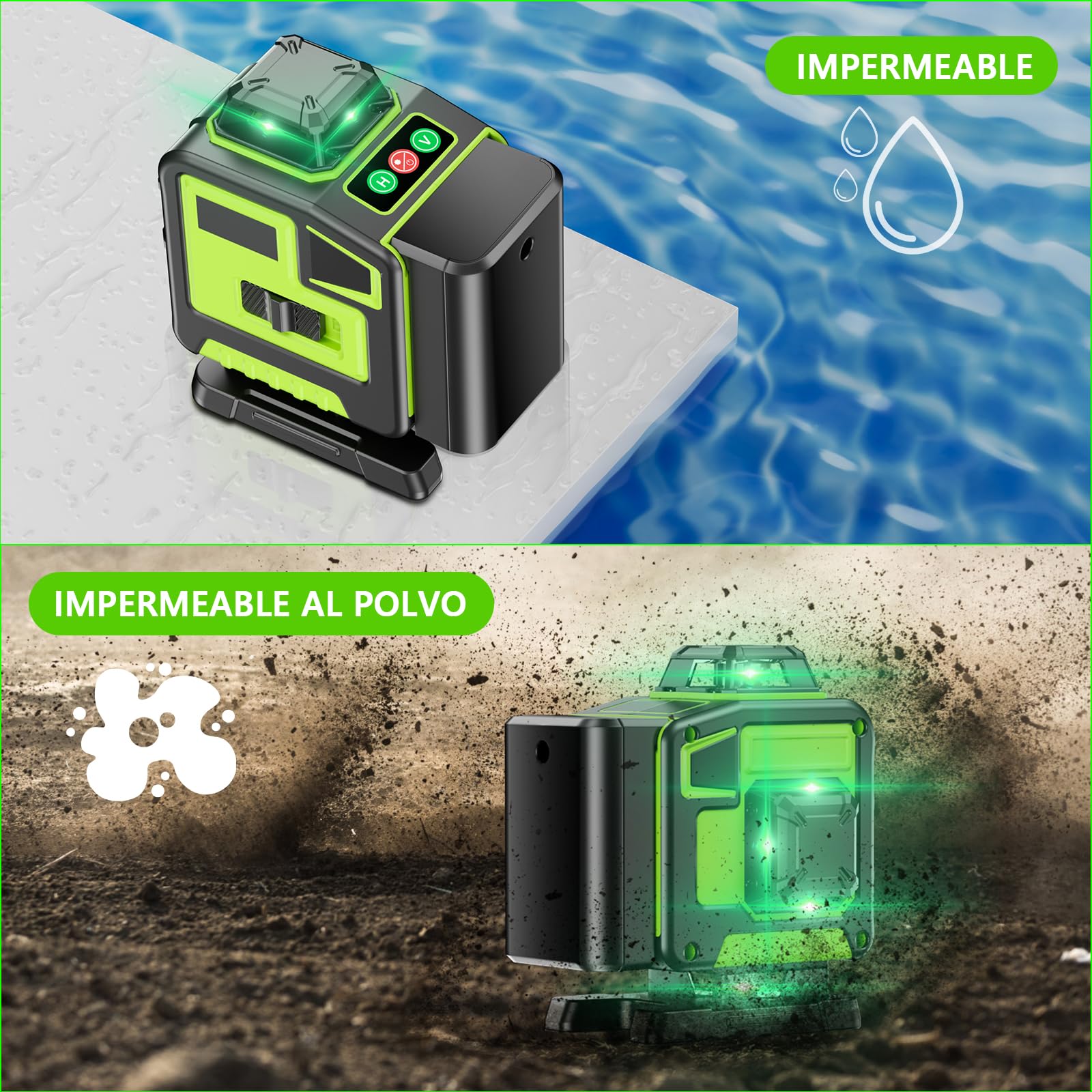 Nivel Laser Autonivelante 360 Grados, Nivel Láser Verde 16 Líneas, 2 x 360 Horizontal y 2 x 360 Verticales, 2 x Batería, Montaje en Pared, Control Remoto, Base Magnética, Soporte Giratorio, Trípode