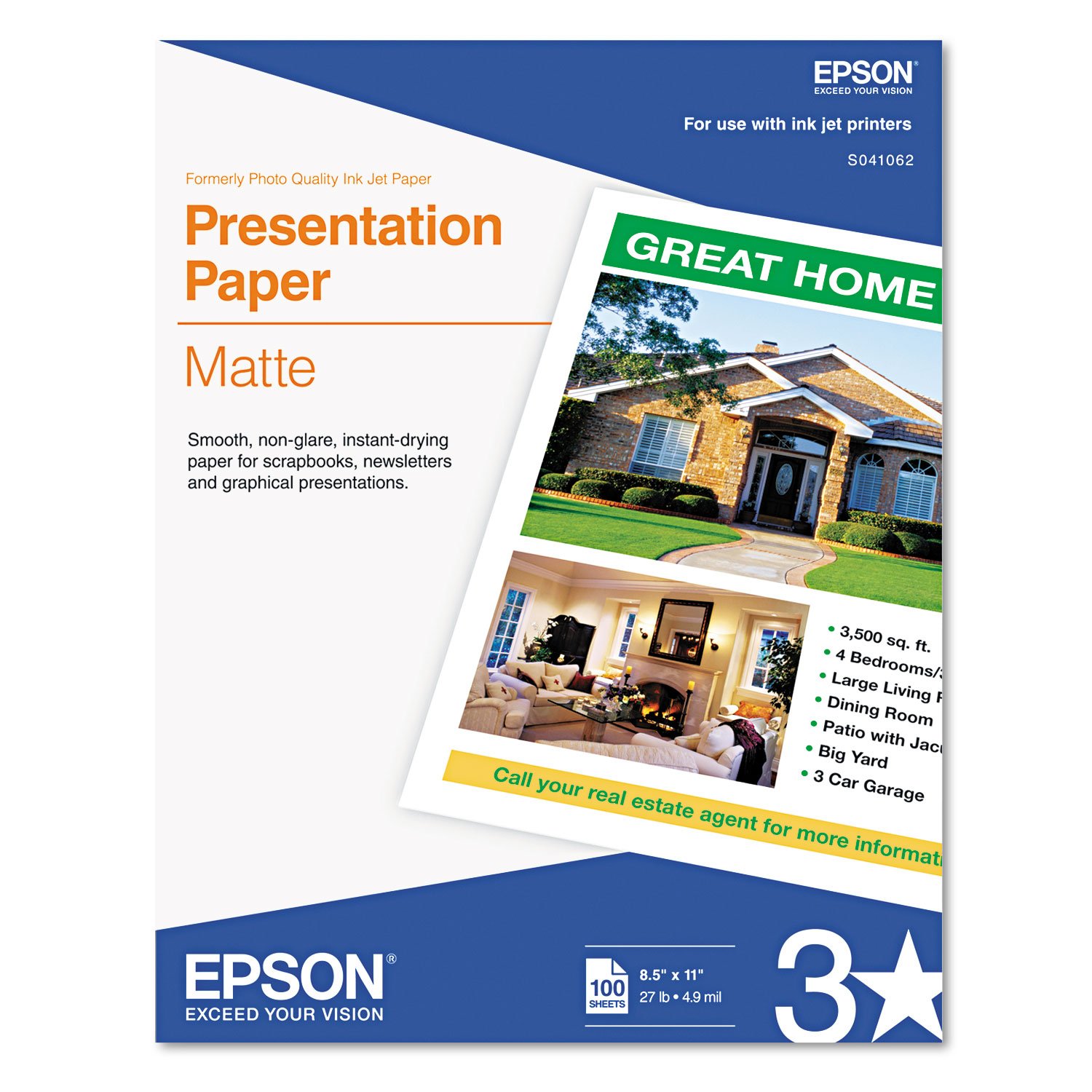 EpsonS041062 Matte Presentation Paper, 27 lbs., Matte, 8-1/2 x 11 (Pack of 100 Sheets),White