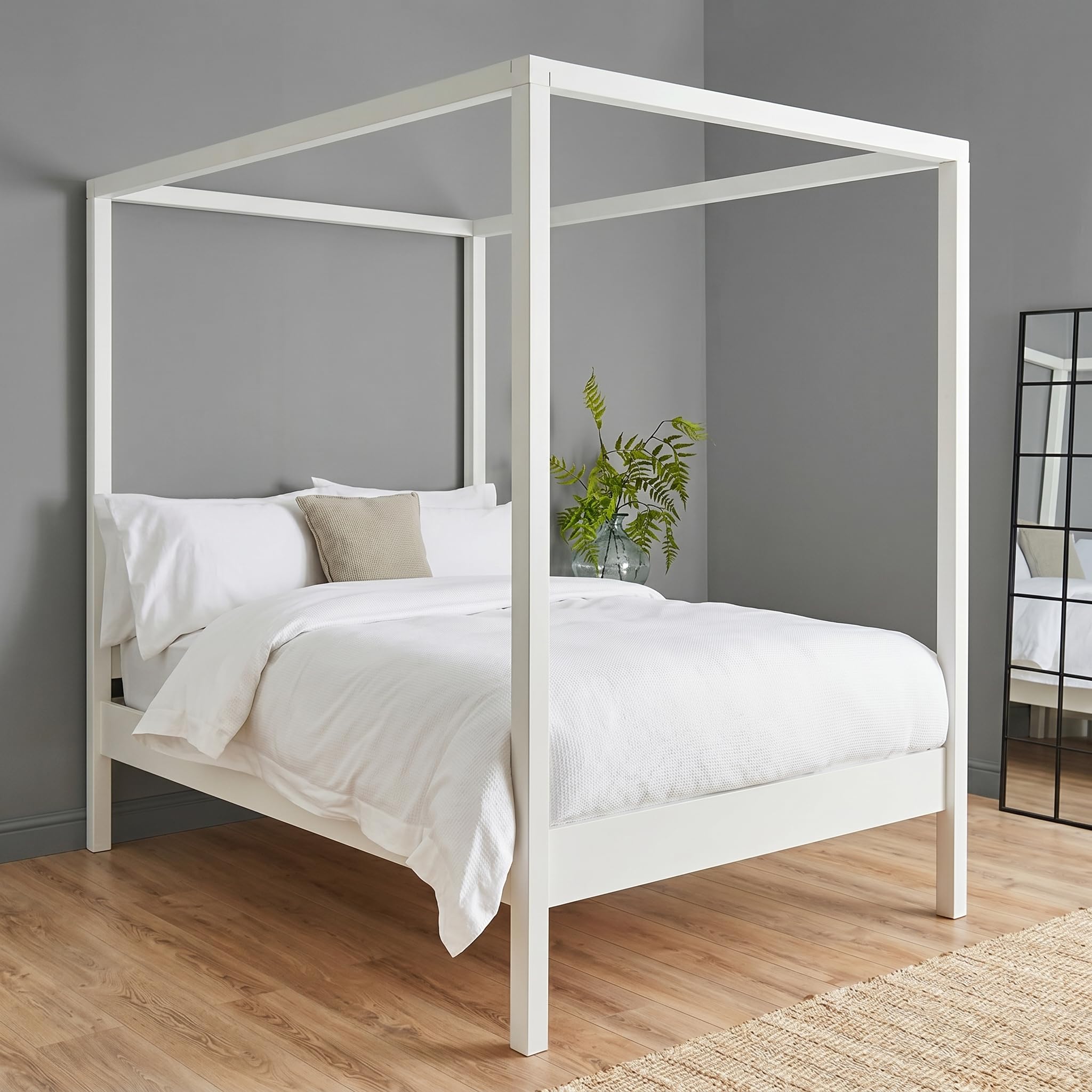 Mango Wood Queen Size Canopy Bed with Slatted Base Strong Durable Wooden 4 Poster Bed Modern Minimal Bedroom Furniture White Finish-image-43