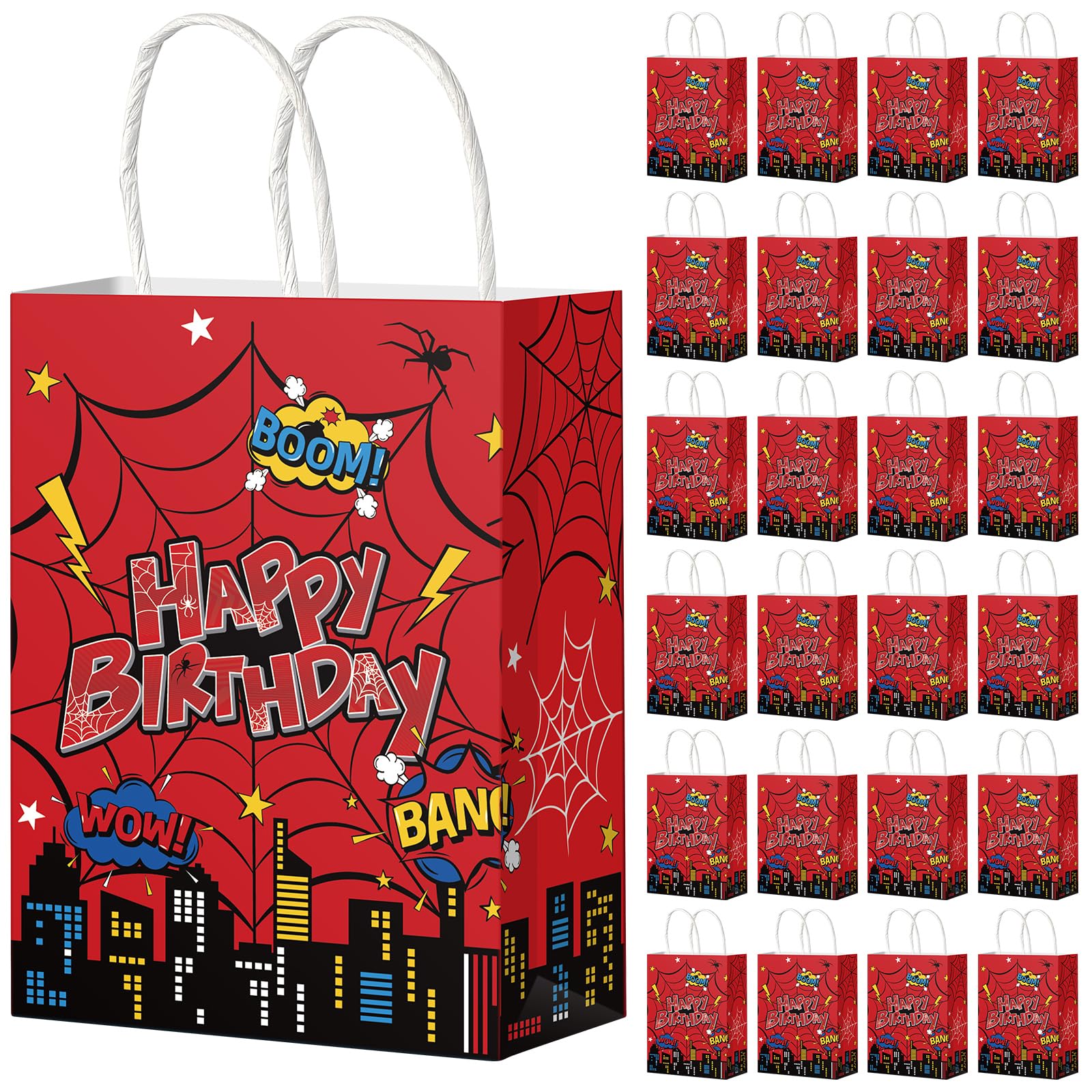 Denwiller 24 Pcs Red Spider Birthday Party Favor Bags with Handles, Happy Spider Candy Goodie Bags Red Gift Treat Wrapping for Boy’s Birthday Cartoon Party Supplies