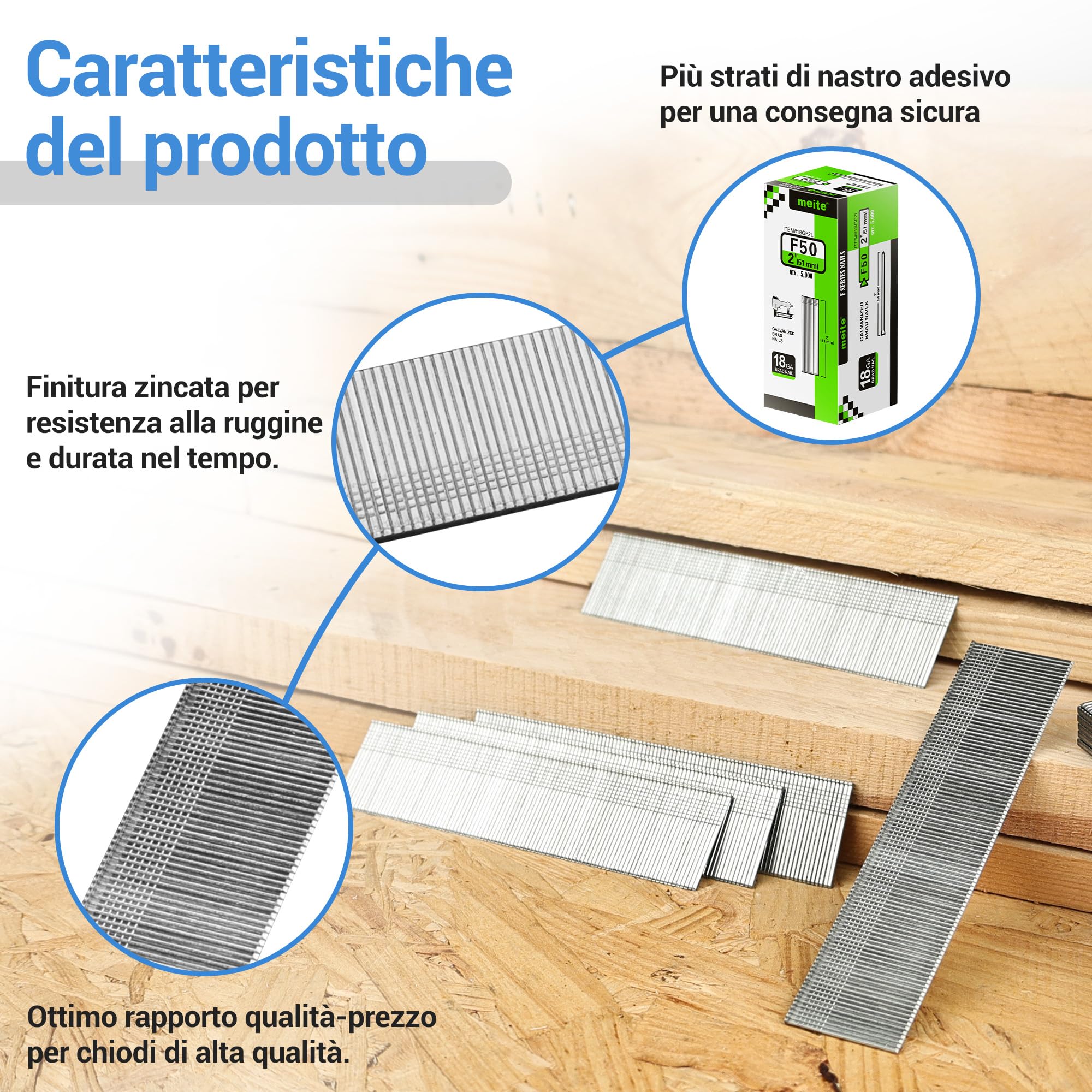 meite Chiodi Brad F50 Tipo 18G / 50 mm, 18 Gauge Zincati, Chiodi di Finitura a Testa Piccola per Chiodatrice Brad (5.000 Pezzi)