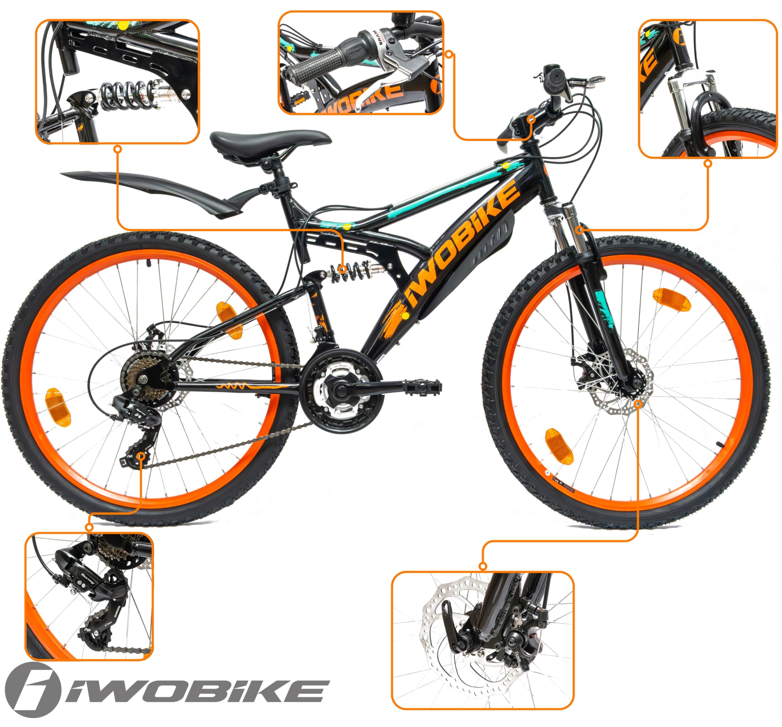 Rower Górski MTB, 26 Cali, Uniseks, 21 Biegów, Rama Stalowa 17,5" | Rower Górski MTB, 26 Cali, Uniseks, 21 Biegów, Rama Stalowa 17,5", Full Amortyzacja, Hamulce Tarczowe, Czarny z Pomarańczowym
