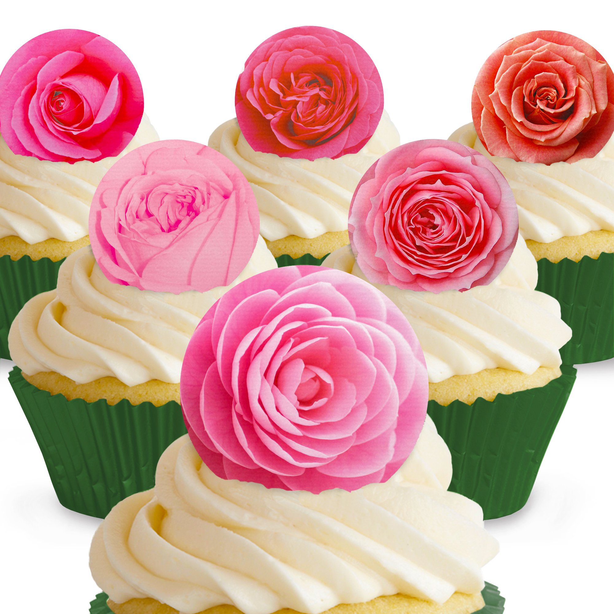 12 x PRE-CUT Pink Roses Edible Cake Toppers