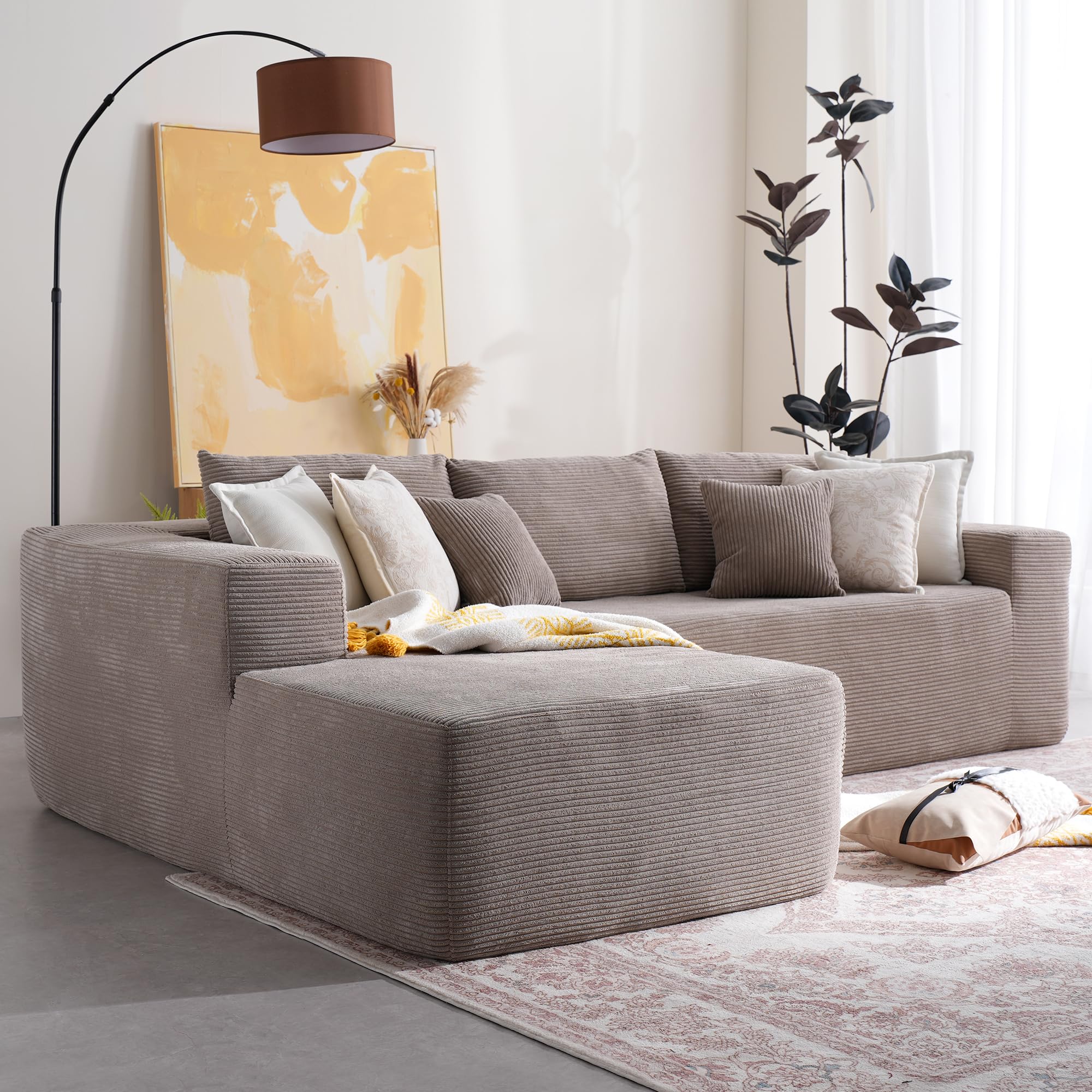 106" Cloud Sectional Couch with Chaise Lounge,L Shaped Modular Modern Sofa,Comfy Corduroy Fluffy Couches with Deep Seat,No Assembly Required Couch for Living Room(Left,Stripe Corduroy,Camel)