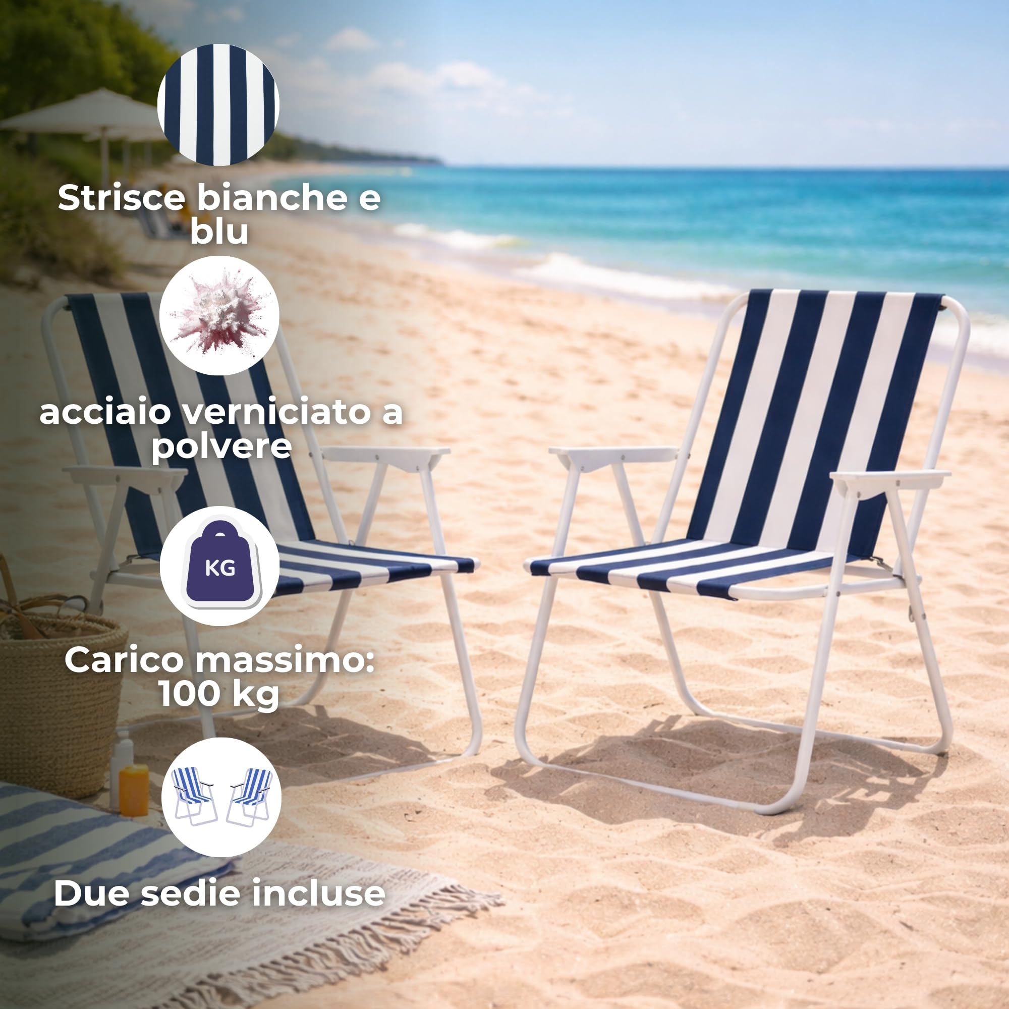 SPRINGOS - Set 2 Sedie Pieghevoli da Campeggio con Braccioli, Leggere, con Telaio in Metallo, Facili da Trasportare, per Esterni, Spiaggia, Giardino, 100 kg di Carico