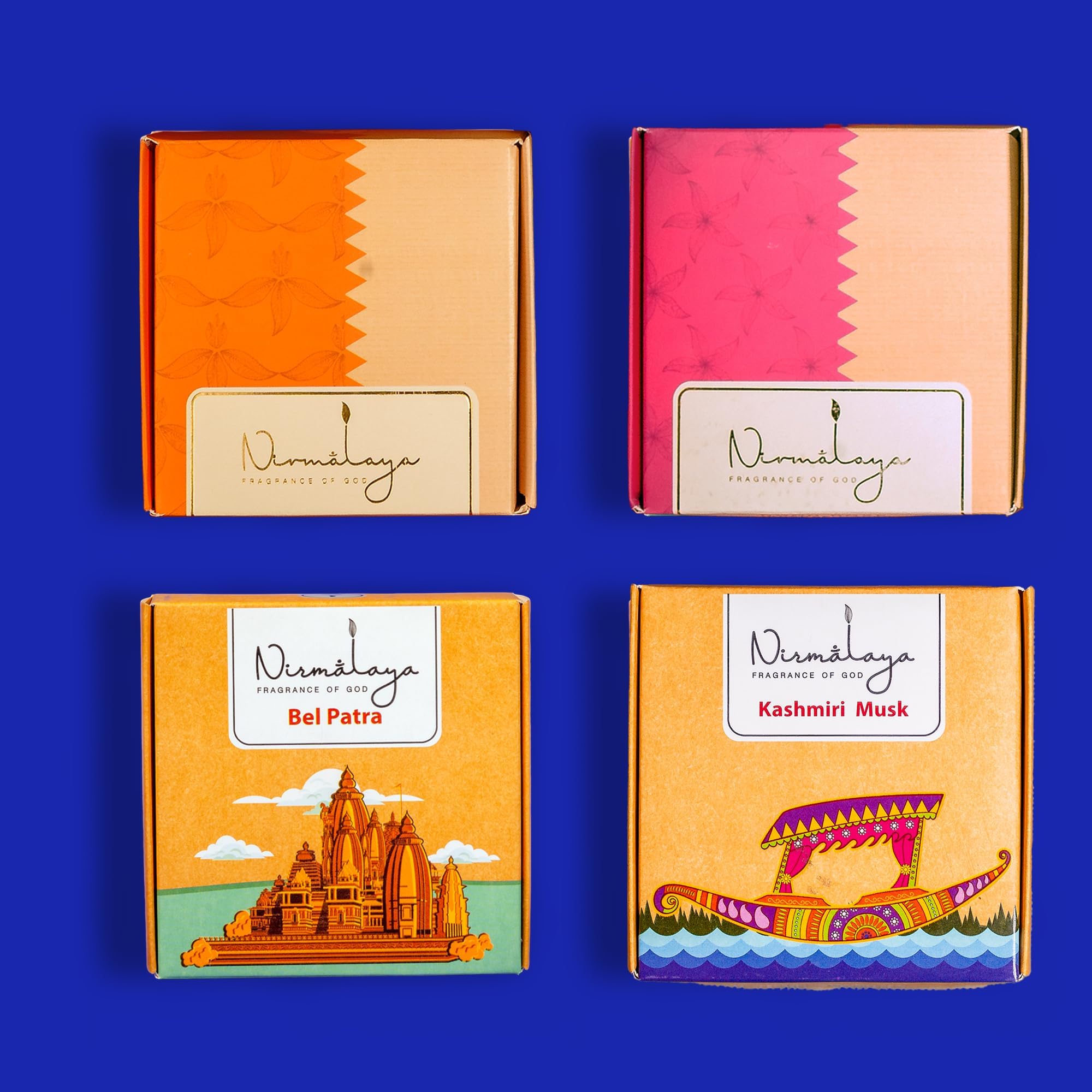 Nirmalaya Premium Incense Cones Bel Patra, Kashmiri Musk, Sandalwood, and Rooh Rose Pack of 4 for Pooja Sacred Flowers | for Meditation & Home Fragrance | Free Ceramic Incense Stand