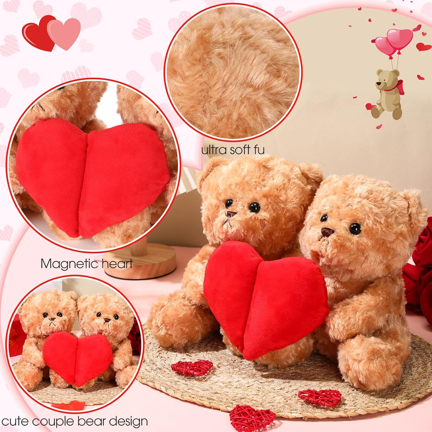 HyDren 10" Magnetic Heart Plush Bear Set 2-Pack, Split Heart Stuffed Animals for Couples, Cute Matching Plush Toys for Anniversary and Birthday, Room Decor