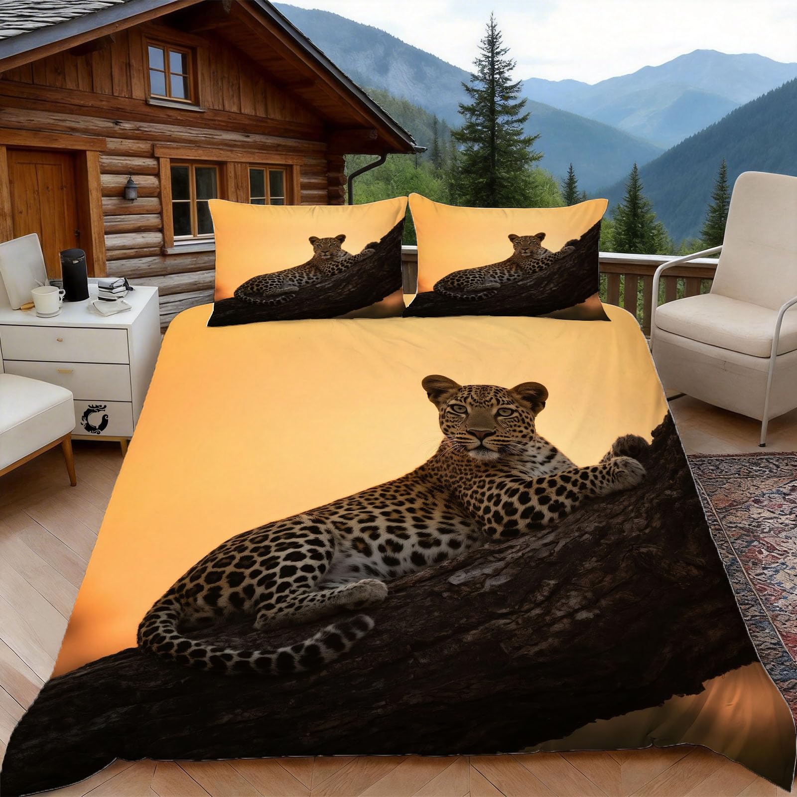 3D Double Duvet Set 3D Printed African Leopard Bedding, Wildlife Animal Soft Microfibre Duvet Cover Sets Quilt Cover and Pillow Set with Zipper 3 Pcs