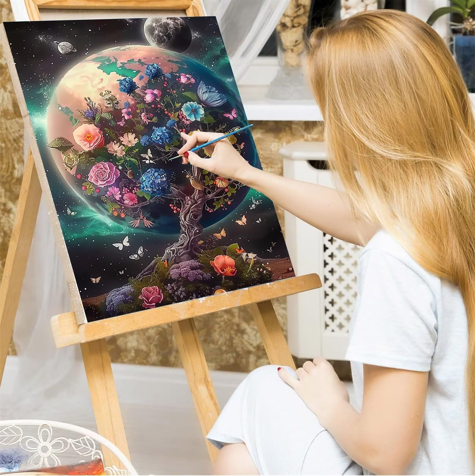Malen Nach Zahlen Erwachsene Baum - AnfäNger - Knitterfreie Leinwand, Pinsels Und Acrylfarbe - Diy Handgemalt öLgemäLde Kit Als Geschenk Planet 60x80cm (mit Rahmen)