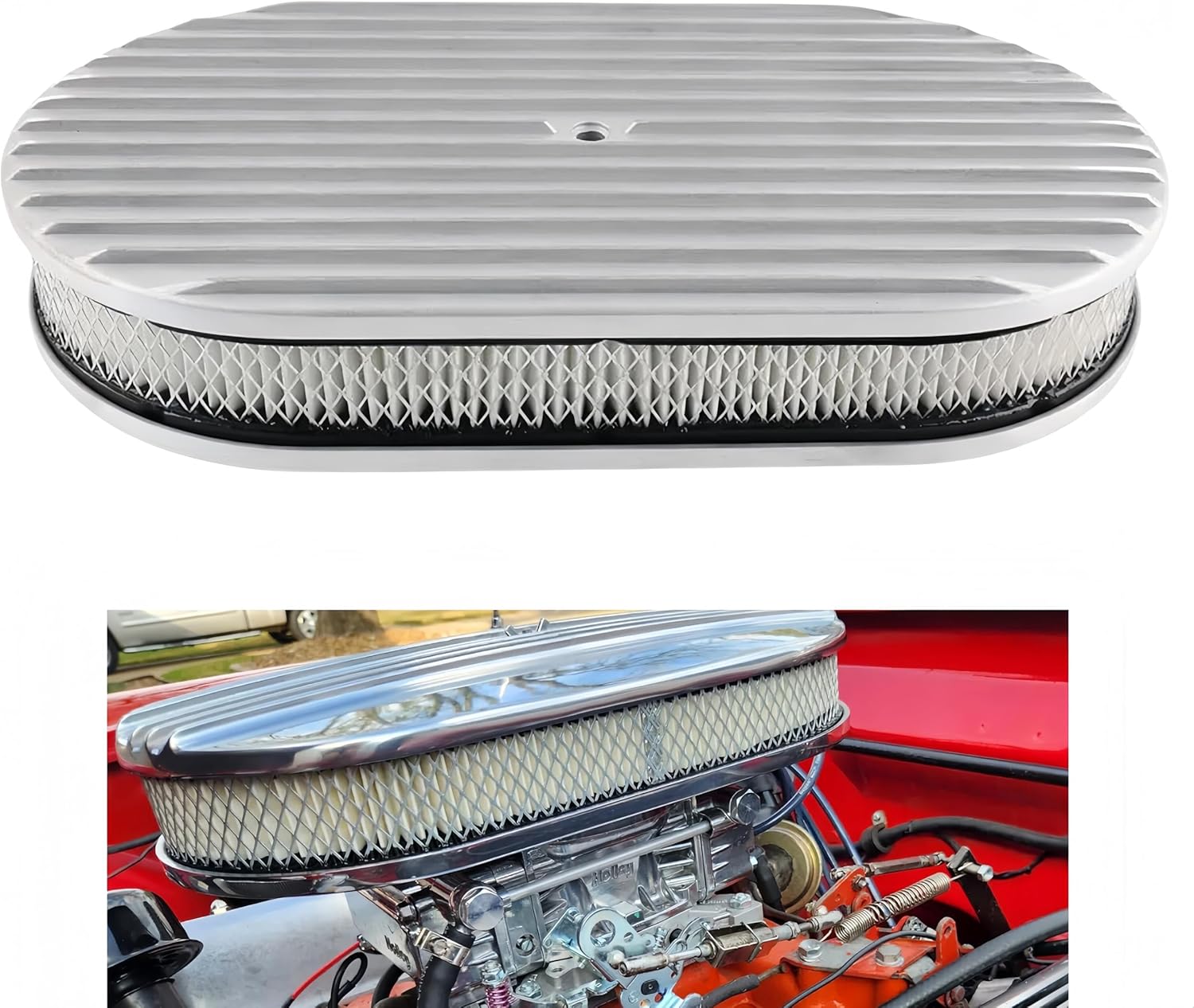 15" Oval Air Cleaner Assembly Kit, Air Cleaner for Carburetor with Filter Element, Full Polished Finned Silver Aluminum