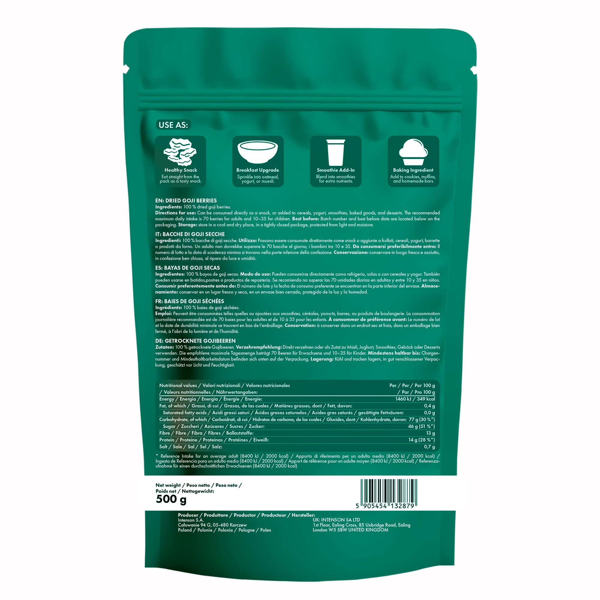 Intenson Bayas de Goji Secas, 500 g, Superalimento Naturalmente Dulce, Alto Contenido en Fibra, Antioxidantes y Proteínas Vegetales, Vegano, Sin Gluten, Sin Azúcares Añadidos