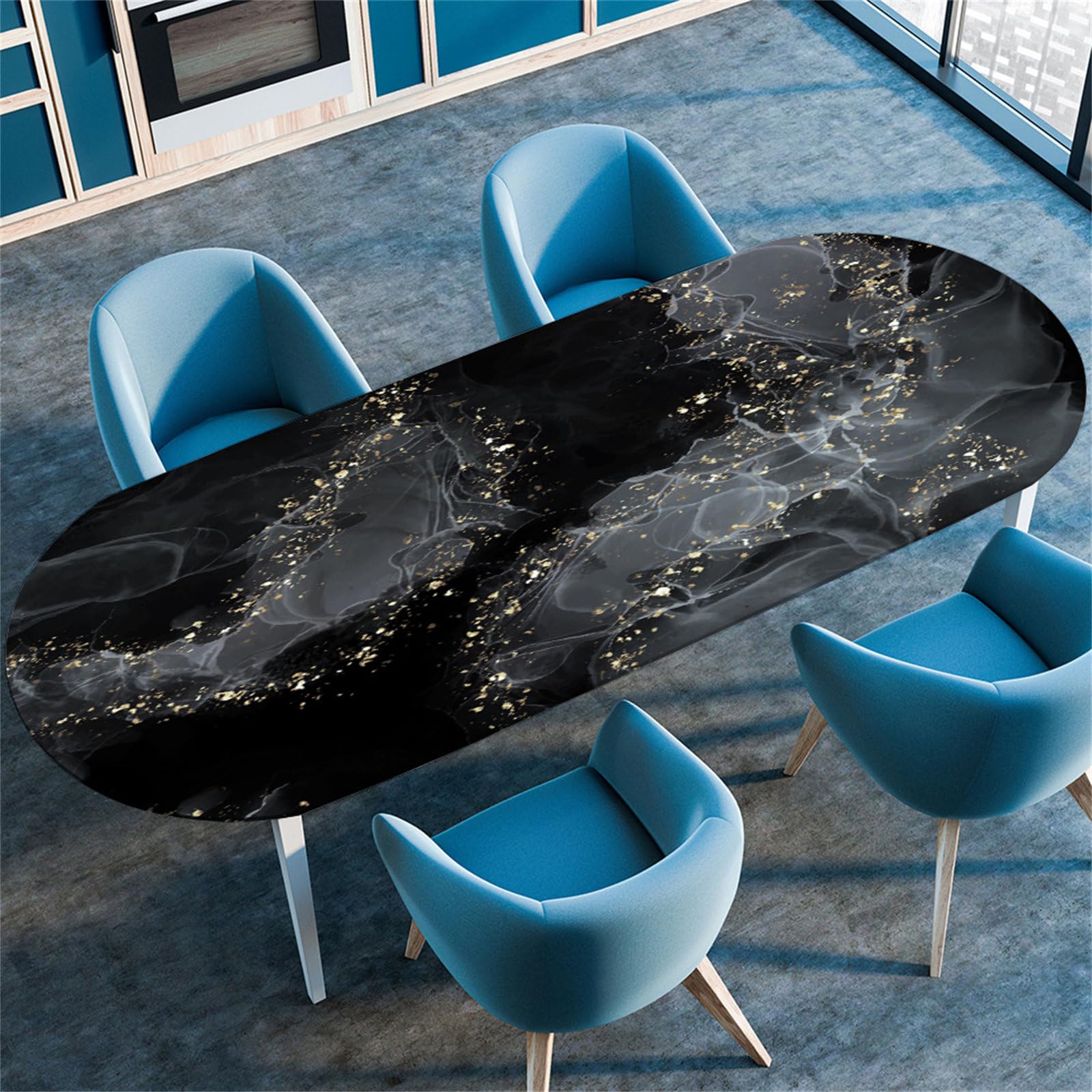 Treer Oval Fitted Tablecloth with Elastic Edge, Nordic Marble Stain-Resistant Wipeable oval Table Cloth, Washable oval Tablecloths for Kitchen Dinning Tabletop Decoration Outdoor (42"x72",Black)