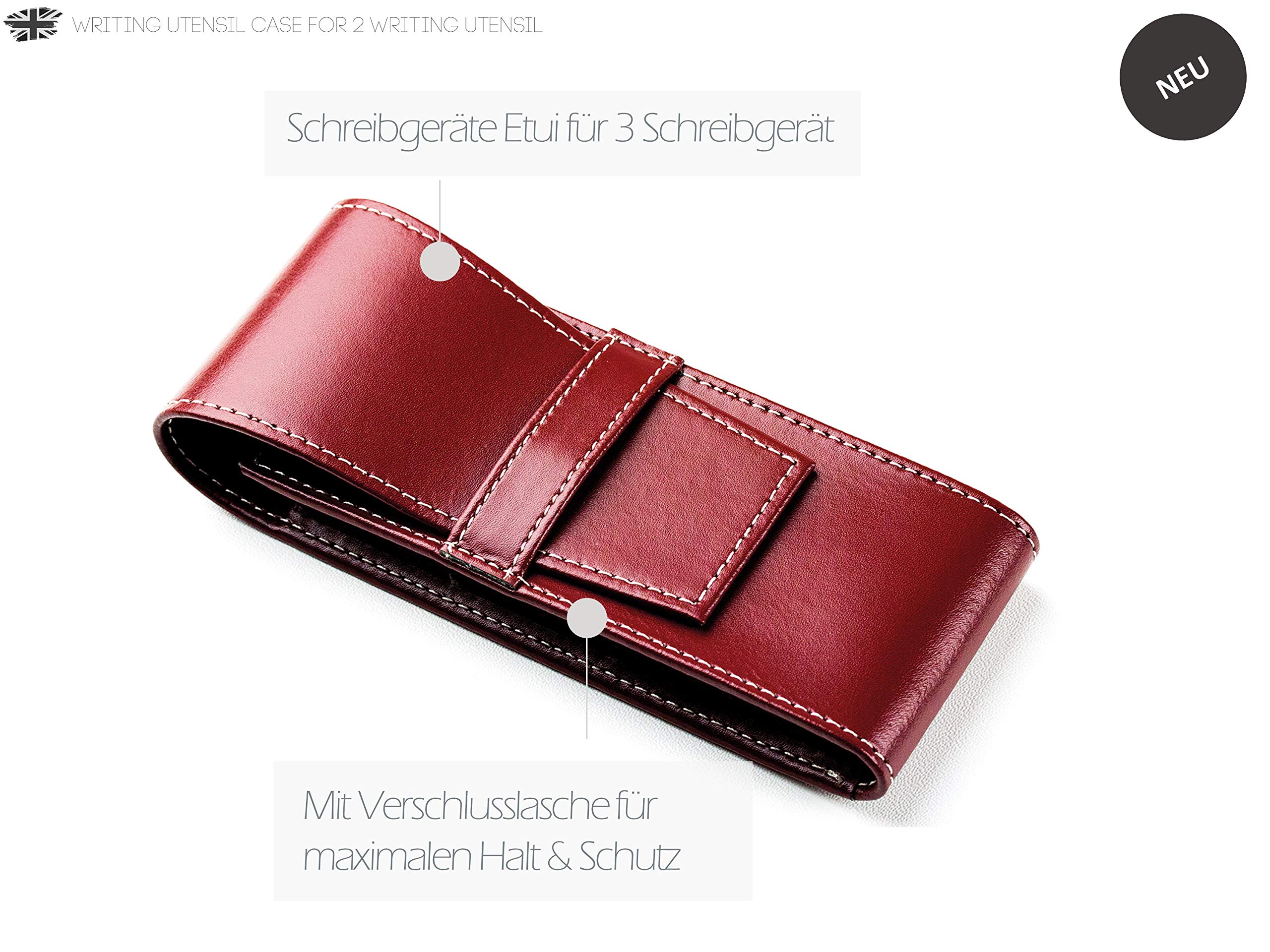 DELMON VARONE - Personalisierbares Schreibgeräteetui Cambridge Top Grain Leder Rot, Echtleder Stifteetui mit Verschlusslasche für 3 Schreibgeräte, Etui für hochwertige Kugelschreiber, Stifte & Füller