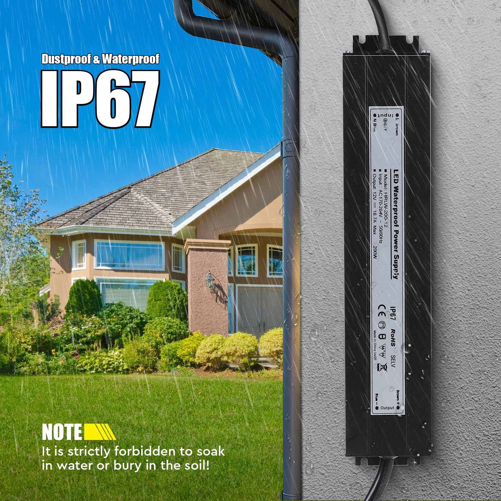 SWAWIS Transformateur LED 12V 200W 16,7A | Imperméable Alimentation de Tension Constante Pilote IP67, Transfo avec Prise, LED Driver pour Bande Spot Lèche-Mur