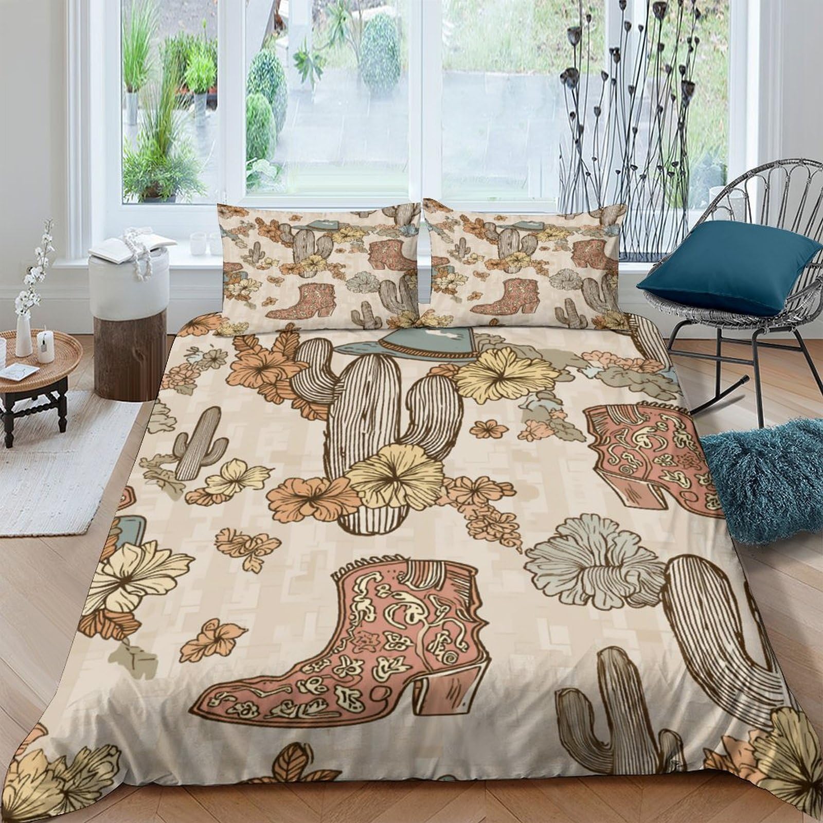 P5V6M1Q9 3D Printed Western Cowboy Boots Duvet Cover Microfiber Soft Cactus Floral Bedding Set with 2 Pillowcases for Bedroom Decor Single（135x200cm）