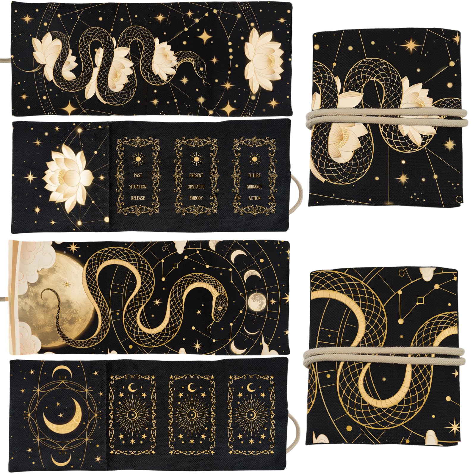 GLOBLELAND 2Pcs Lotus Snake Tarot Card Holder with Layout Pattern Moon Phases Polyester Tarot Serpents Divination Large Storage Pouch Accessories for Playing Cards and Tarots — image 1