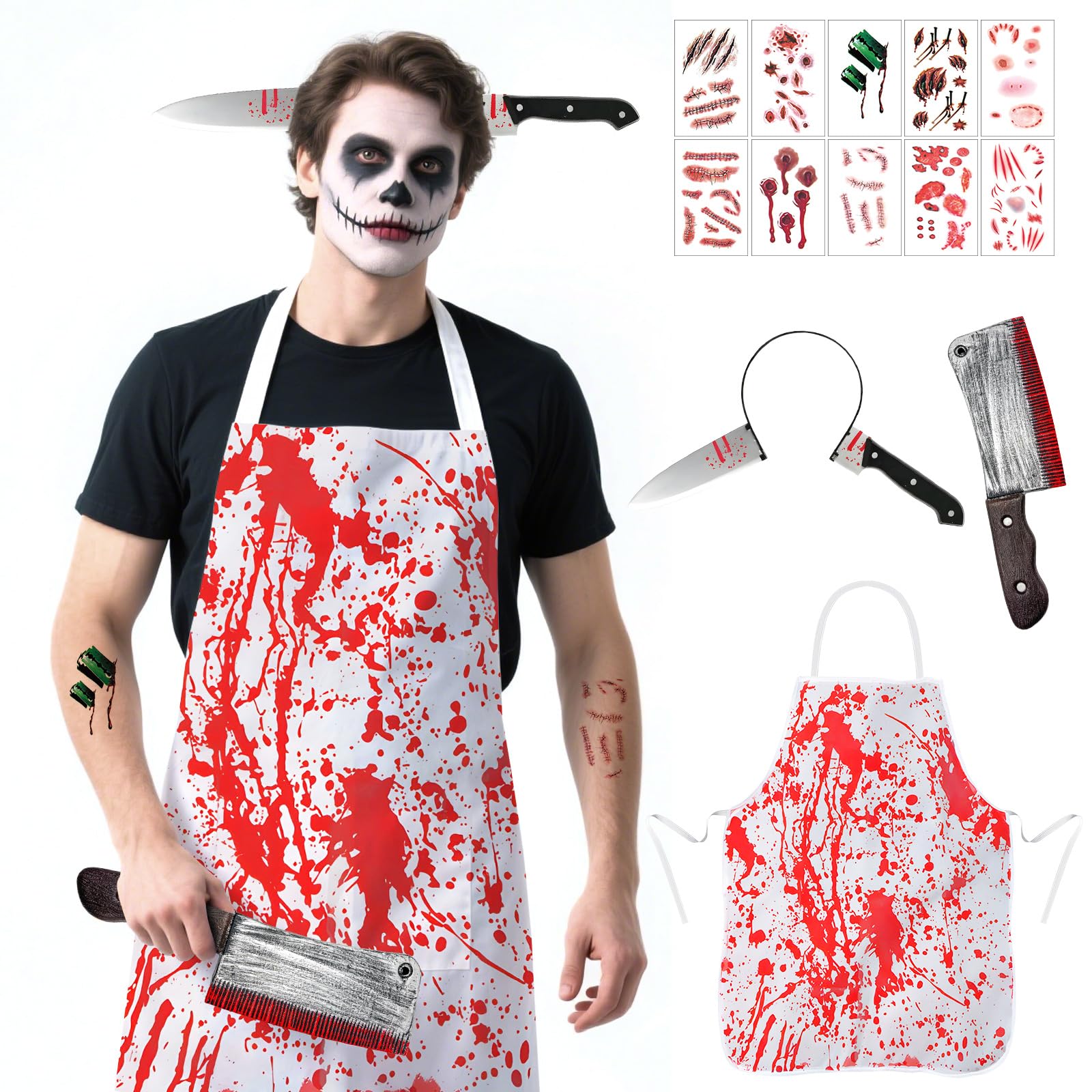 COLEESON Halloween Butcher Costume Set, Cooking Chef Apron Hat Weapon Knife Tattoo Stickers Zombie Party Accessories Decorations,Outfit for Scary Cosplay, Horror Party, Haunted House Decorations